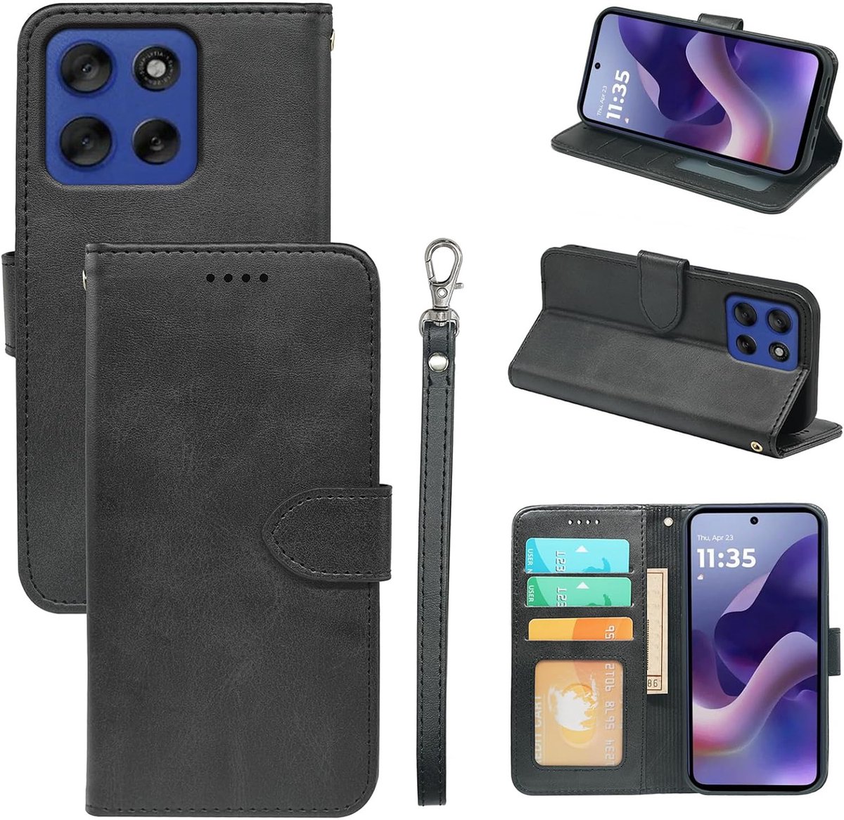 Hoes voor Motorola Moto G56, stootvaste lederen klaphoes met kaartsleuven, magnetische gesp, standaardfunctie, beschermhoes, zwart