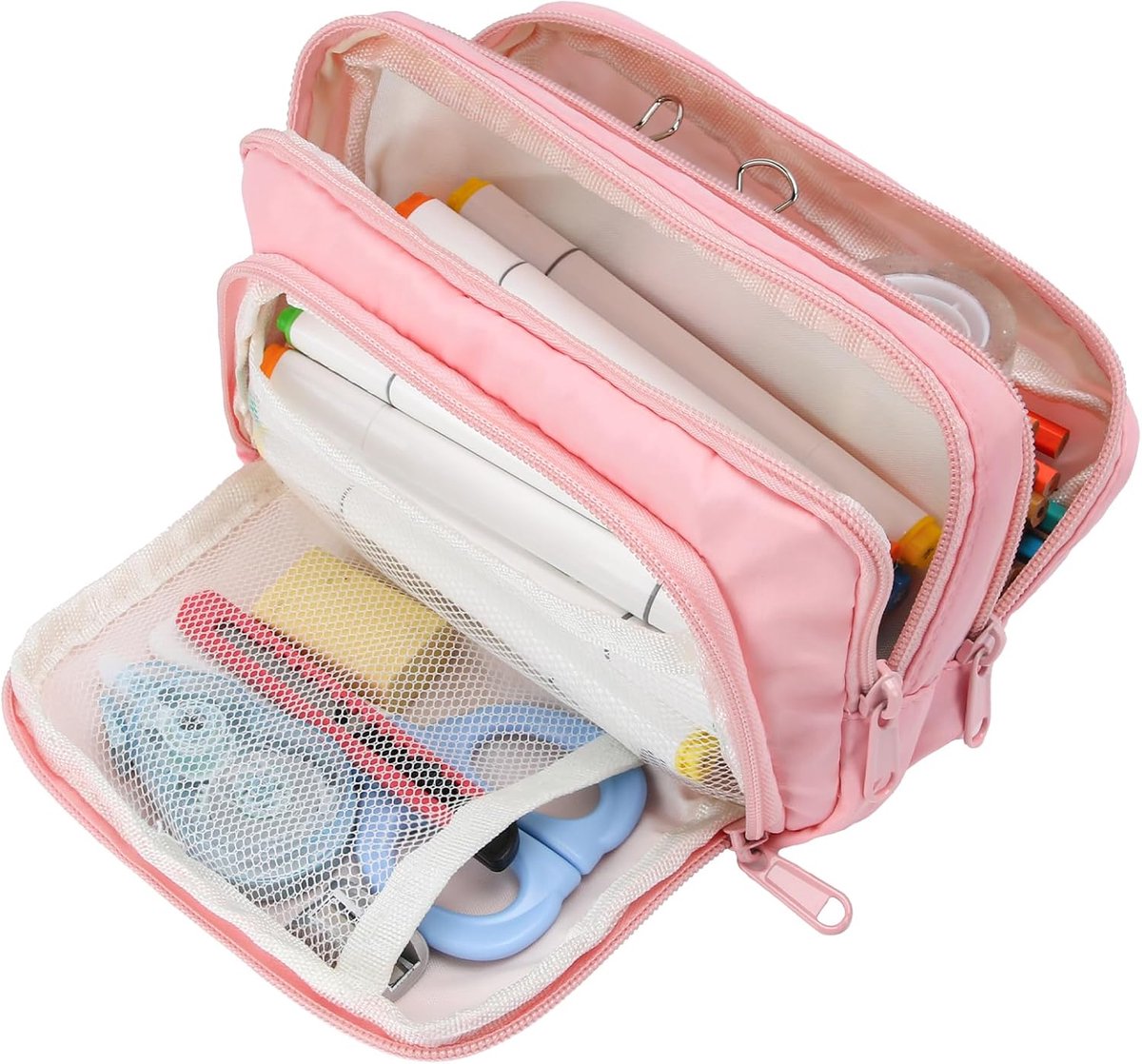 Pennenetui groot - 3 vakjes - roze - ideaal voor school en kantoor - SnelShoppen