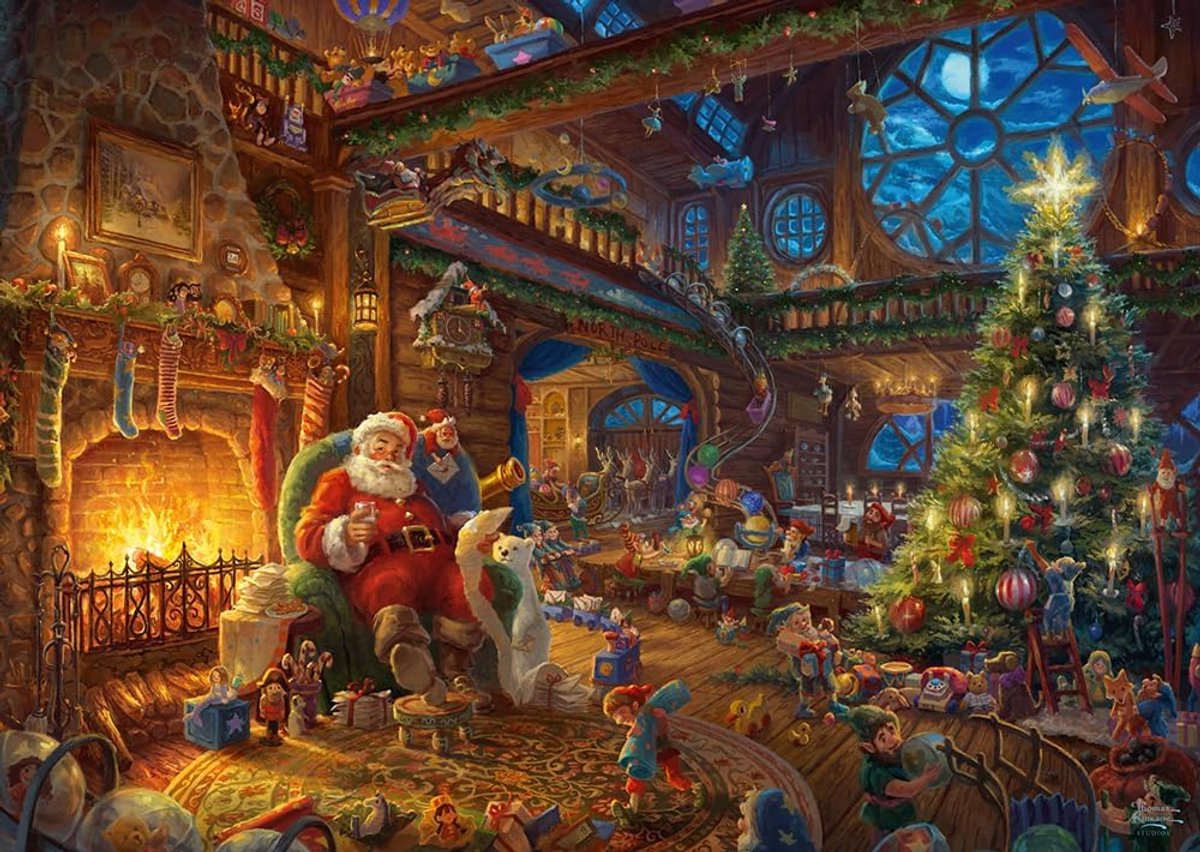 Spiele 59494 Thomas Kinkade, Kerstman en zijn elfjes, puzzel van 1000 stukjes