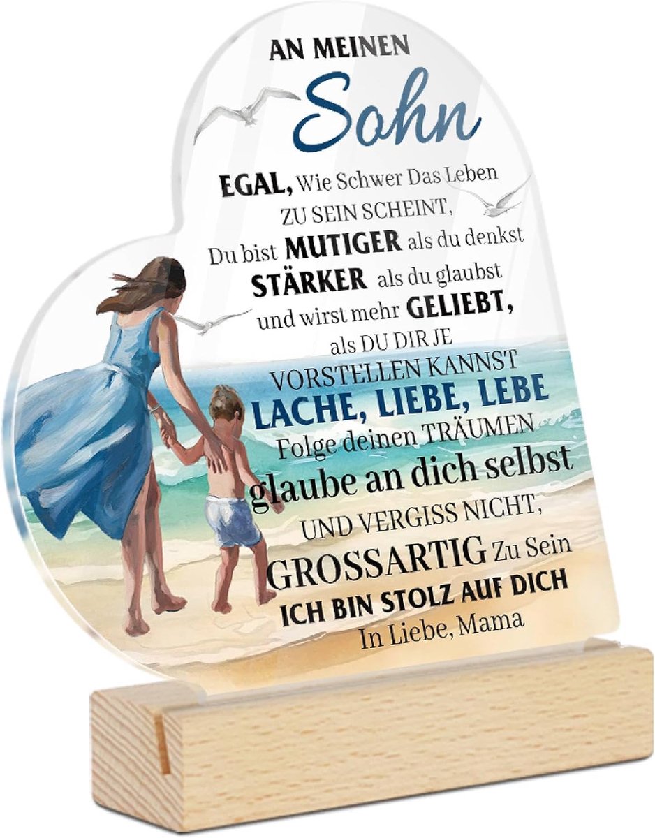 Decor Hartvormige acryl tafeldecoratie met houten sokkel voor zoon, cadeau voor speciale gelegenheden, motief met inspirerende tekst "An Meine Sohn"