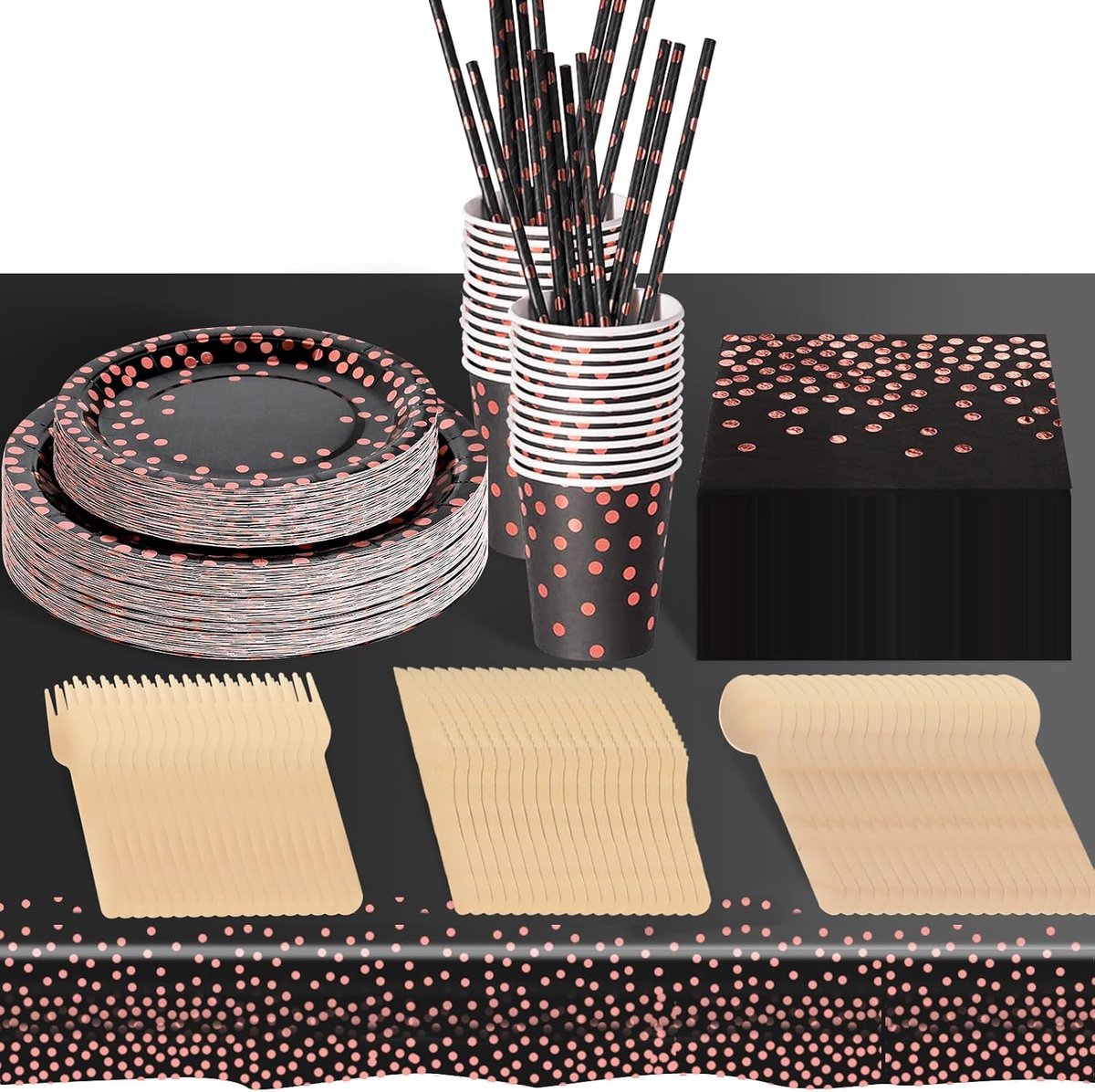 hailstones Verjaardagsservies, 226-delig, zwart, roségoud, feestborden, verjaardag, set inclusief wegwerpborden, papier, kopjes, servetten voor feest, decoratie, babyshower, 25 gasten