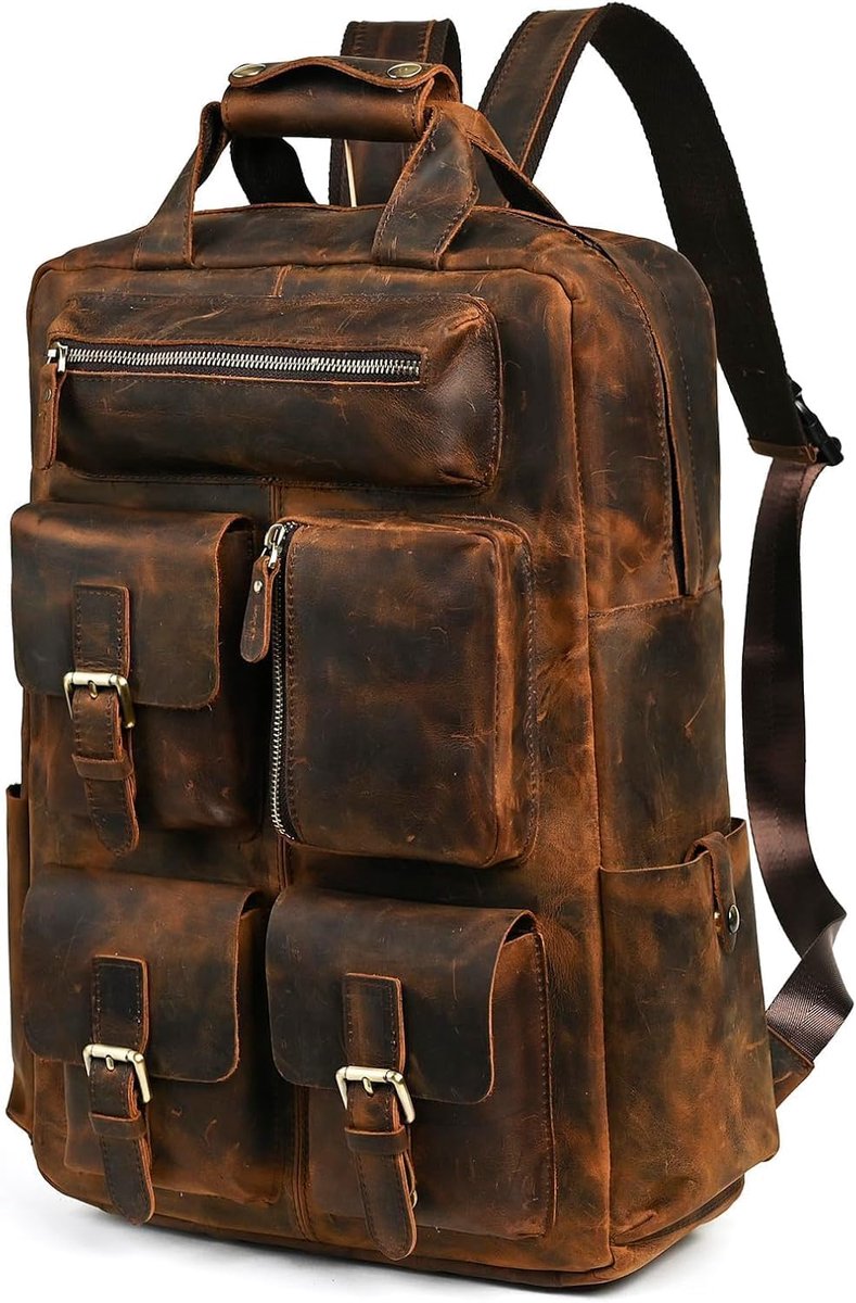 Leren Rugzak voor Mannen Vrouwen - Vintage Laptop Tas - Bruin - Ruim en Duurzaam - SnelShoppen