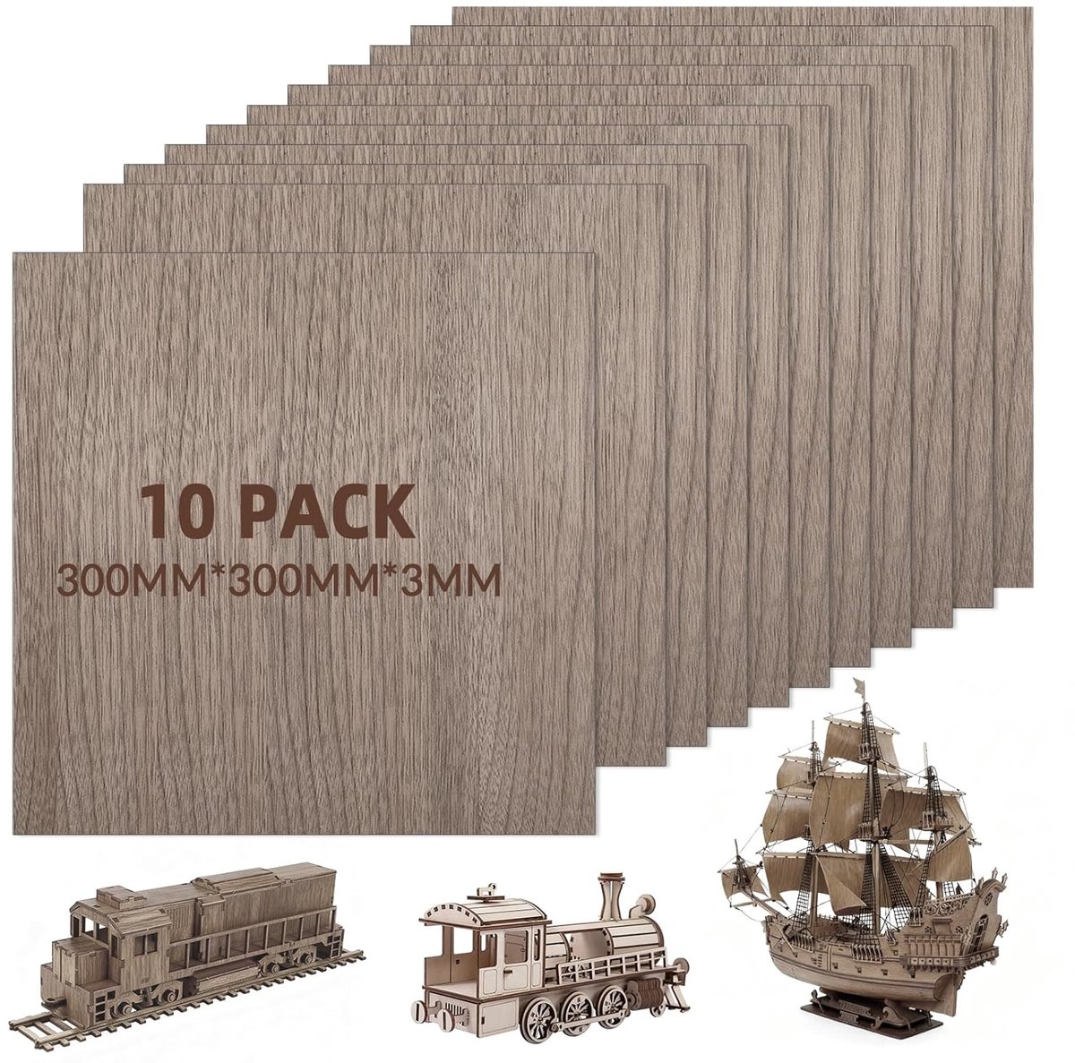 Set van 10 Plywood Platen 3 mm, 300 x 300 mm, Walnoot Hout voor Creatieve Projecten, Modelbouw, Lasergravure en Houtbewerking