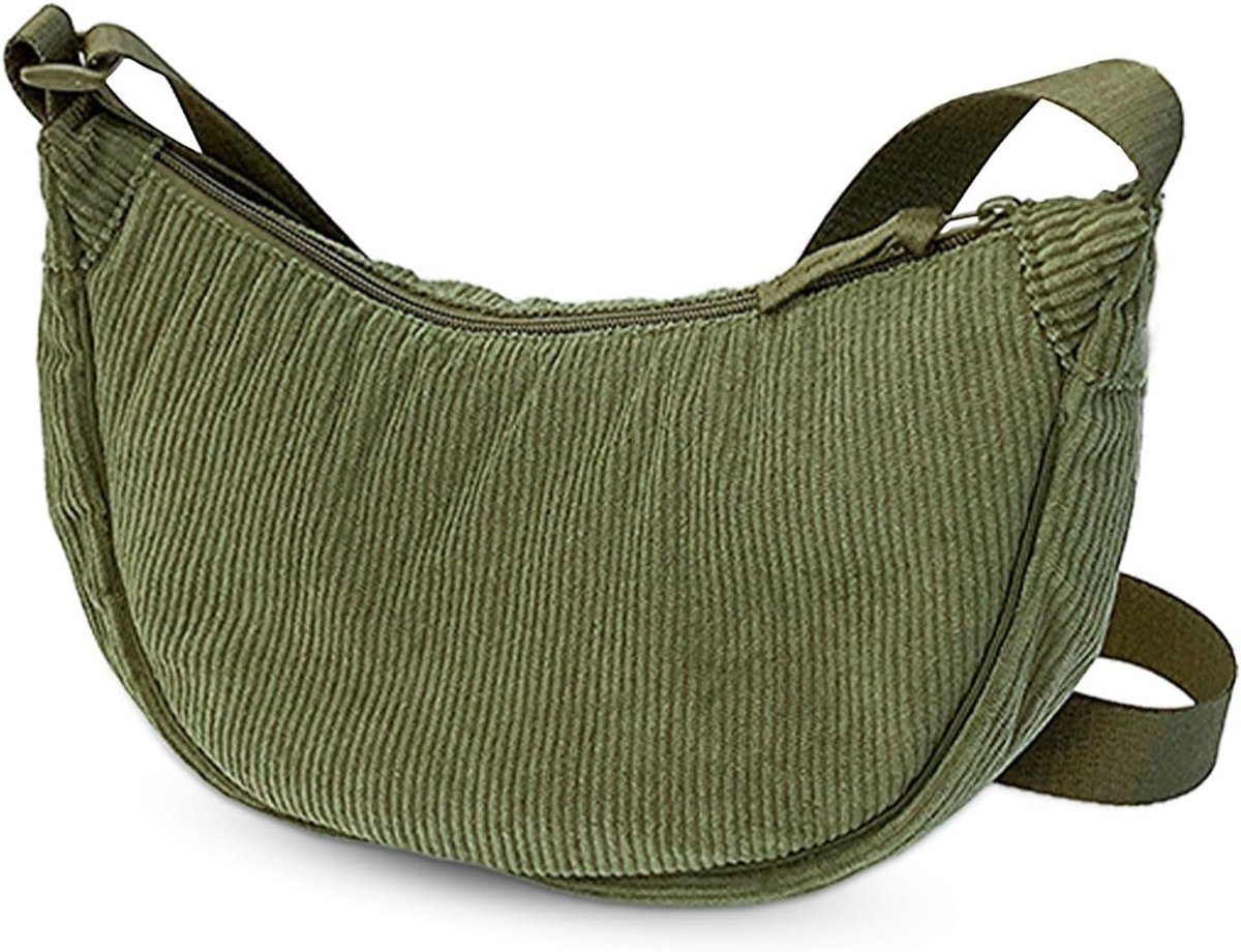 Dames Cord Crossbody Tas in Halve Maan Vorm met Verstelbare Schouderband in Olijfgroen