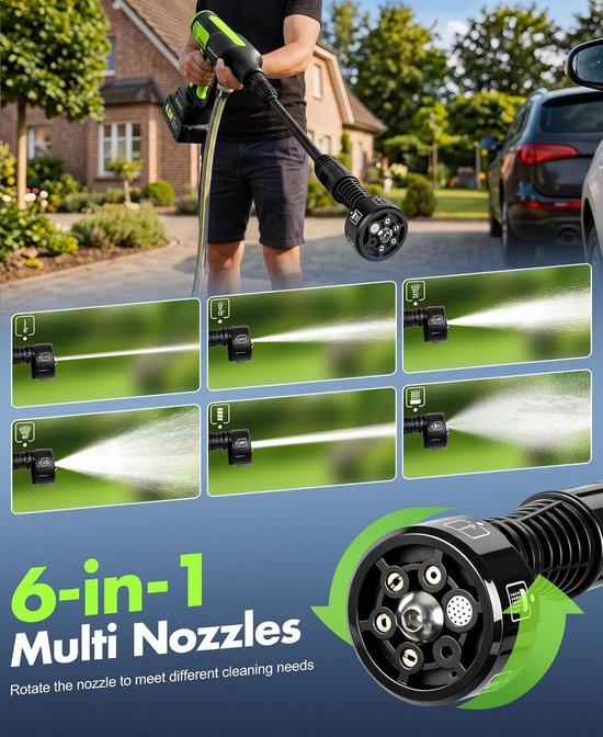Draadloze Accu-Hogedrukreiniger - 50 Bar Druk - Borstelloze Motor - 6-in-1 Mondstuk - Voor Auto's en Terrassen — afbeelding 3