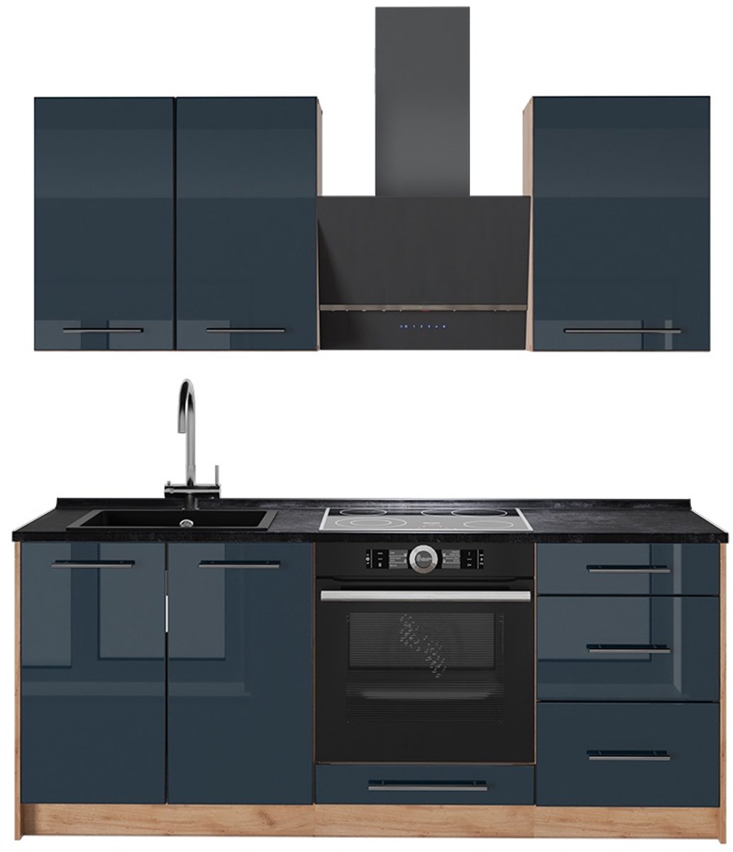 Vicco Eenpersoonskeuken Fame-Line, Donkerblauw hoogglans/Goudkleurig Eiken, 190 cm zonder werkblad