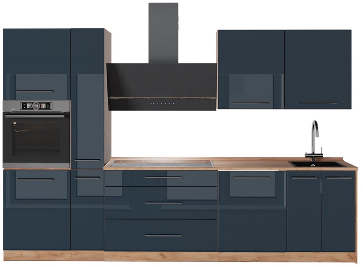 Vicco Complete keukeneenheid Fame-Line, Donkerblauw hoogglans/Goudkleurig Eiken, 310 cm, WB Eik
