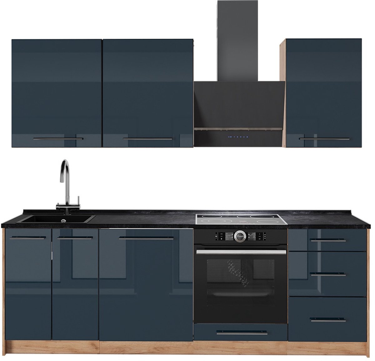 Vicco Complete keukeneenheid Fame-Line, Donkerblauw hoogglans/Goudkleurig Eiken, 230 cm, WB Antraciet
