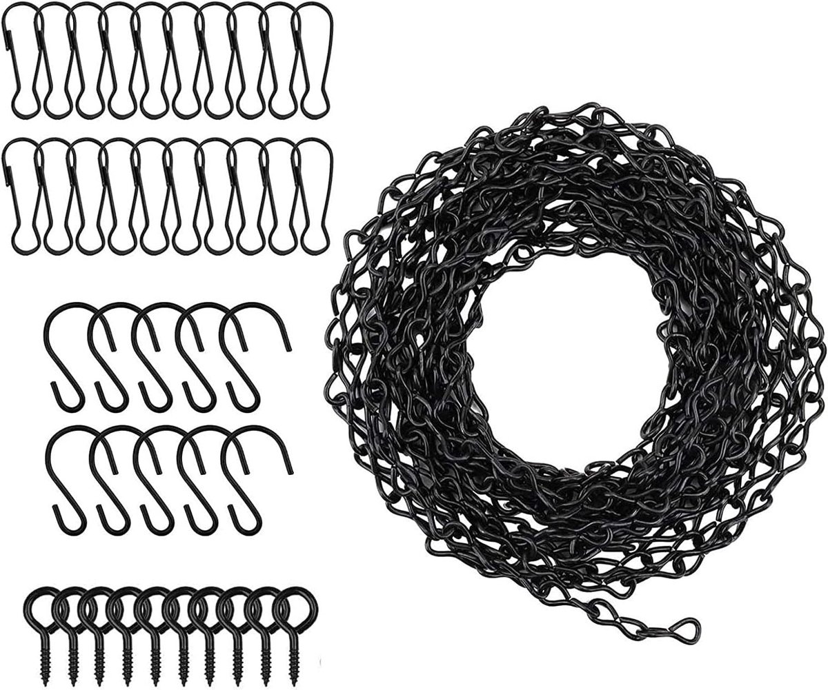 SnelShoppen - 500 cm Verstelbare Hangkettingen met 10 Haken, 20 Clips en 10 Haken met Schroefogen, Zwart Stalen Ketting voor Hangende Vogelvoeders, Pl