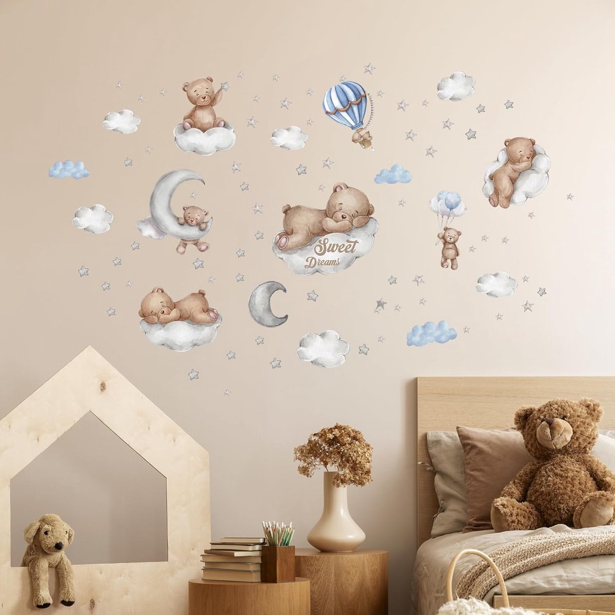 SnelShoppen - Wandstickers Slaapbeer met Maan Sterren Luchtballon, Schattige Droom Wanddecoratie voor Kinderen Baby Kinderkamer Speelkamer Jongens Mei