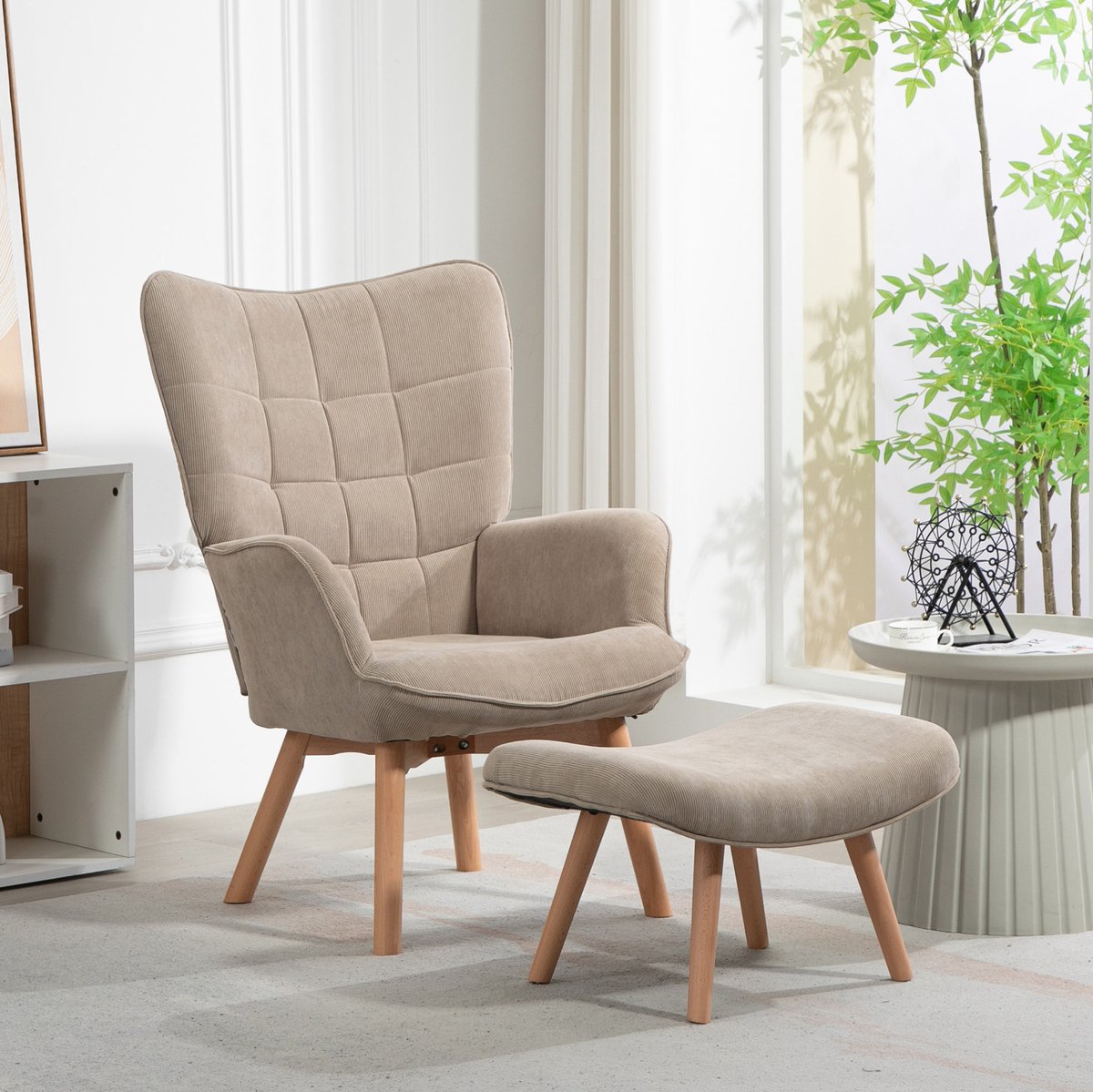 COVREO Relaxfauteuil 80x72x101 cm khaki, stoffen zitting met hocker