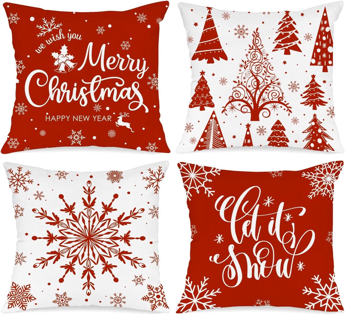 SnelShoppen - Set van 4 Kerst Kussenhoezen 50x50cm, Merry Christmas Winter Decoratie met Sneeuwvlokken, Hoogwaardige Katoen en Linnen, Perfect voor Fe