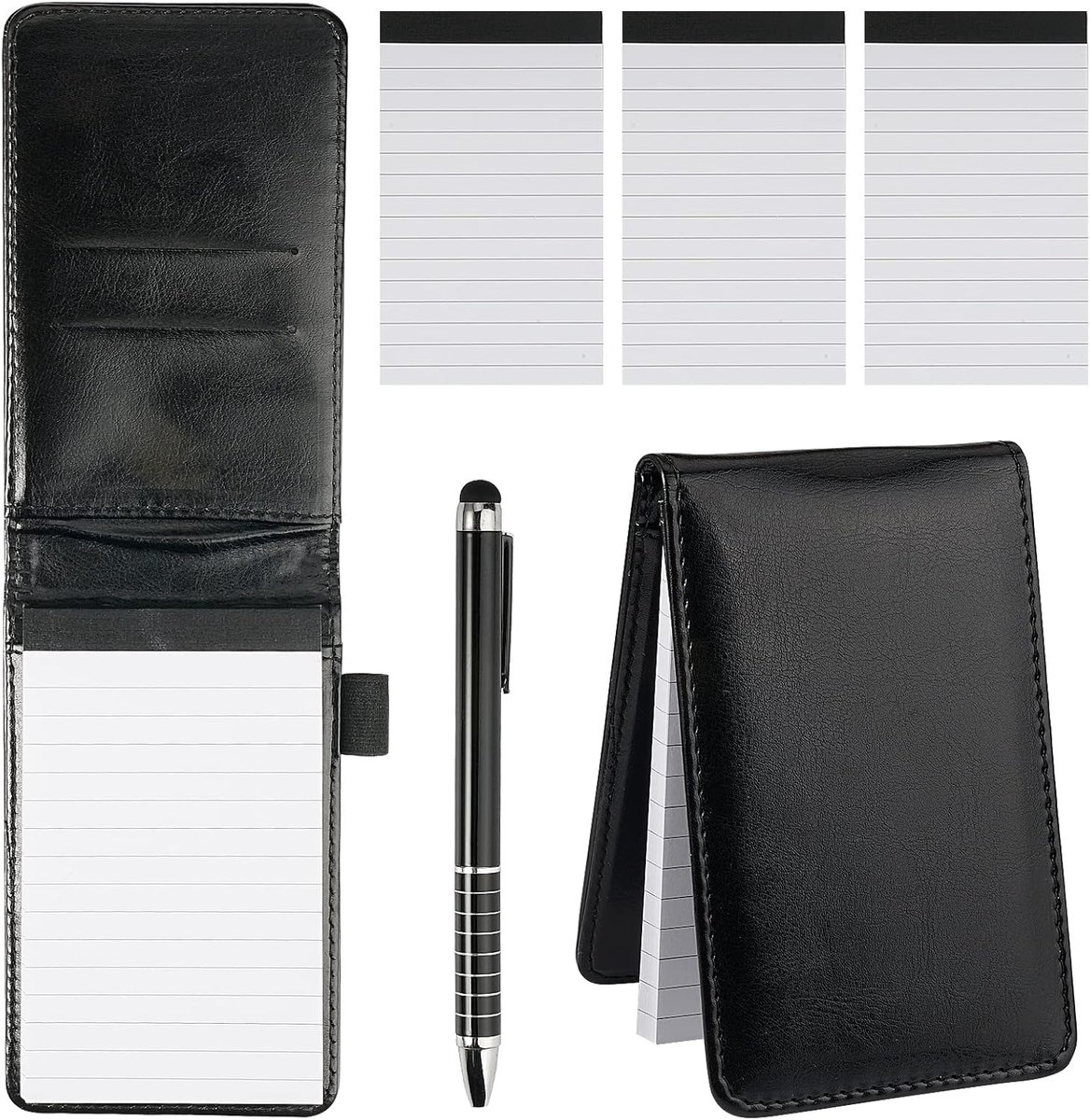 SnelShoppen - Mini Notebook A7 Set met Mini Balpen en 3 Vervangpads | A7 Notitieboekje, Klein in Zwart PU Leer voor Takenlijst en Buitensportactivitei