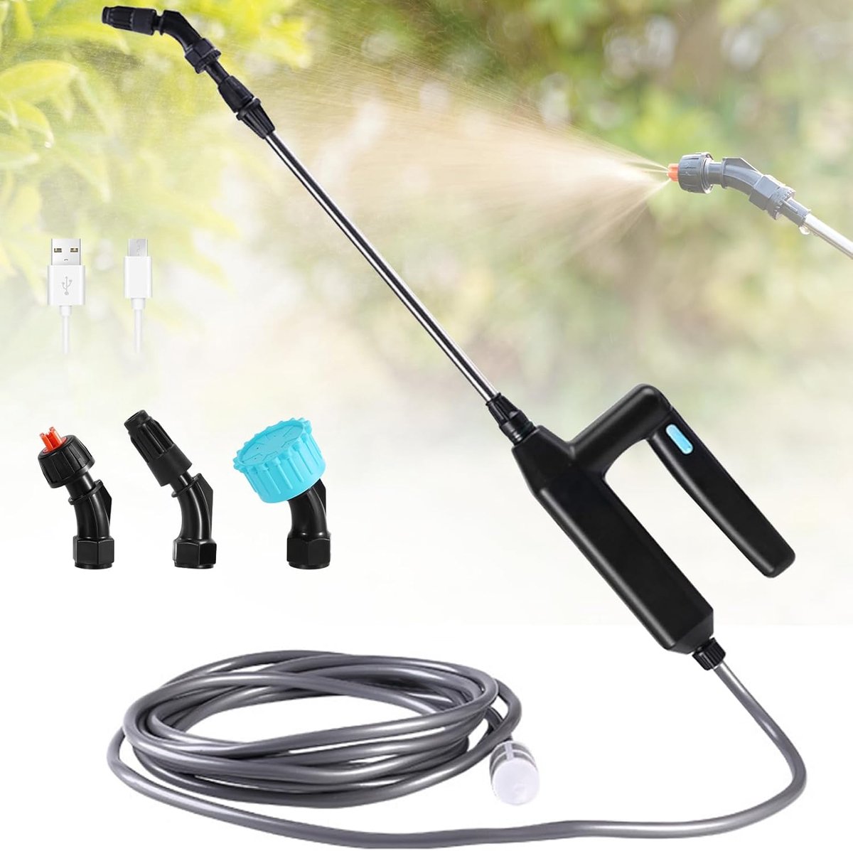 SnelShoppen - Draadloze Elektrische Planten Sprinkler met 3 Verstelbare Doppen en 5 m Tuinslang, Oplaadbare Vernevelaar voor Tuin en Auto (7.2 V)