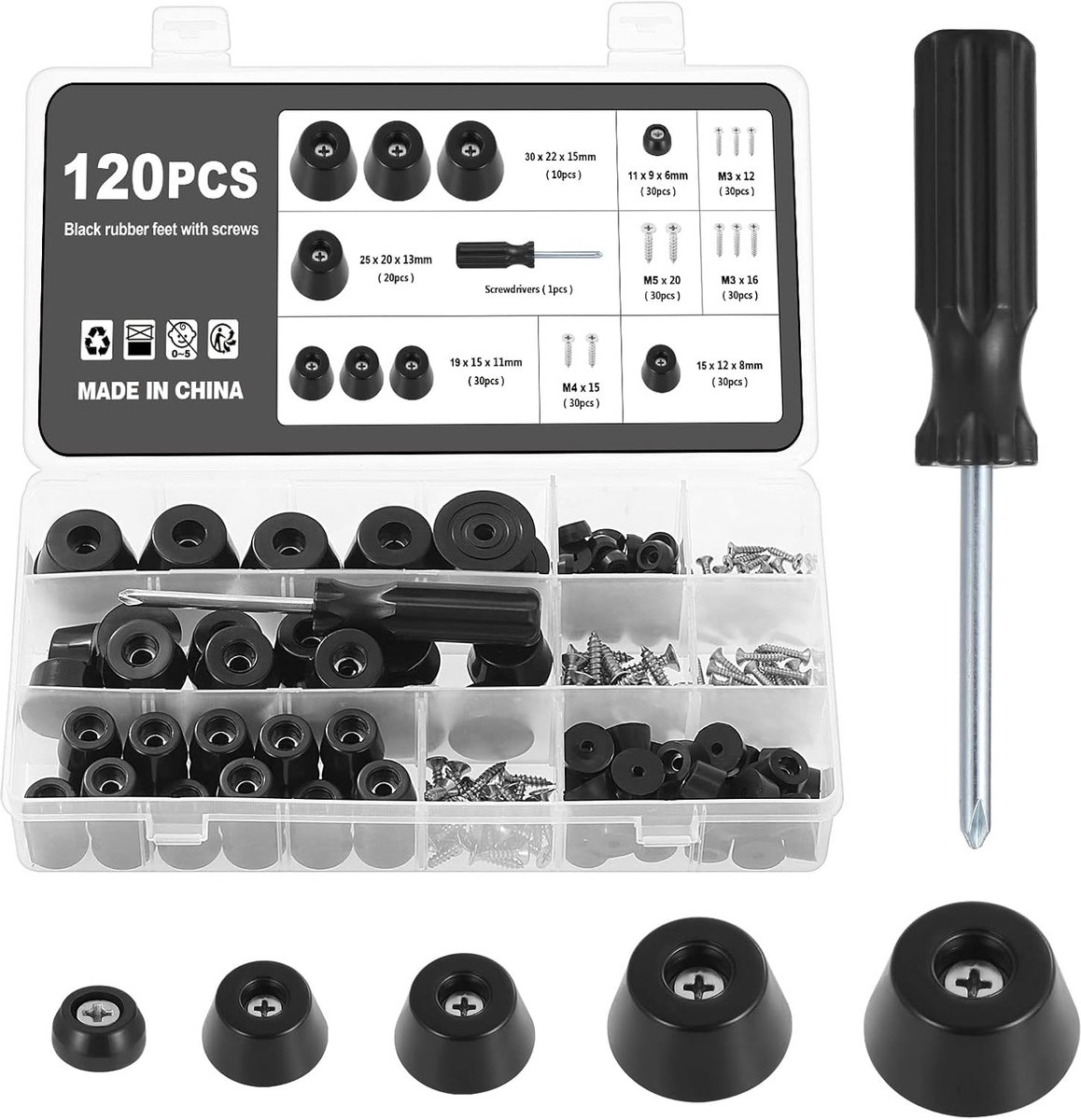 120 Pieces Round Black Rubber Feet Bumpers Pads, 5 Sizes Rubber Feet Bumpers Pads, with Built-in Stainless Steel Ring - ShopVlot