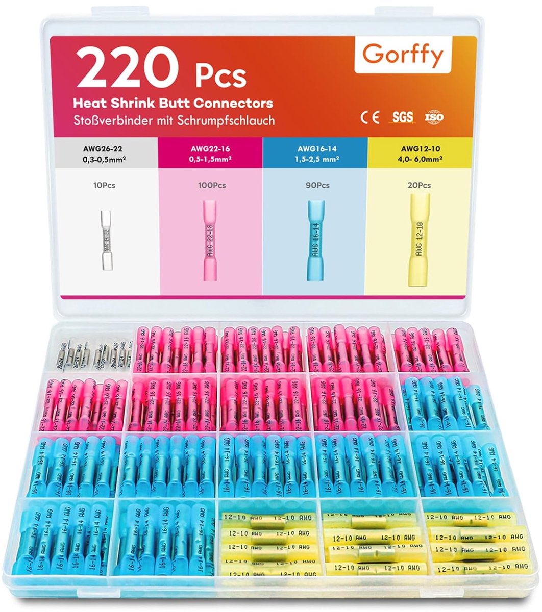 SnelShoppen - 220 Stuks 26-10 AWG Waterdichte Krimpverbindingen met Krimpbuizen, Kleurcodering, Kabelconnectoren voor Elektrische Toepassingen, Rood/B