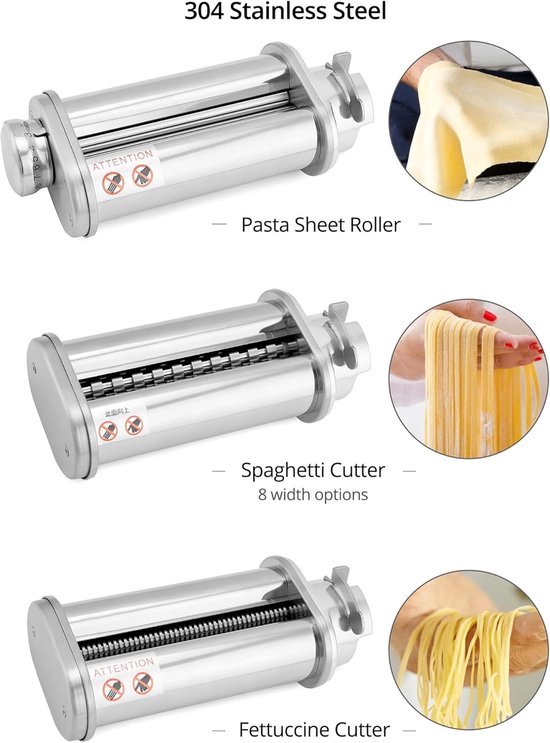 Pastamaker Accessoires - Pastavelroller Snijder - Zelf Pasta Maken - Set van 3 Opzetstukken - 8 Dikte Instellingen - Zilver van Pastamaker — afbeelding 5