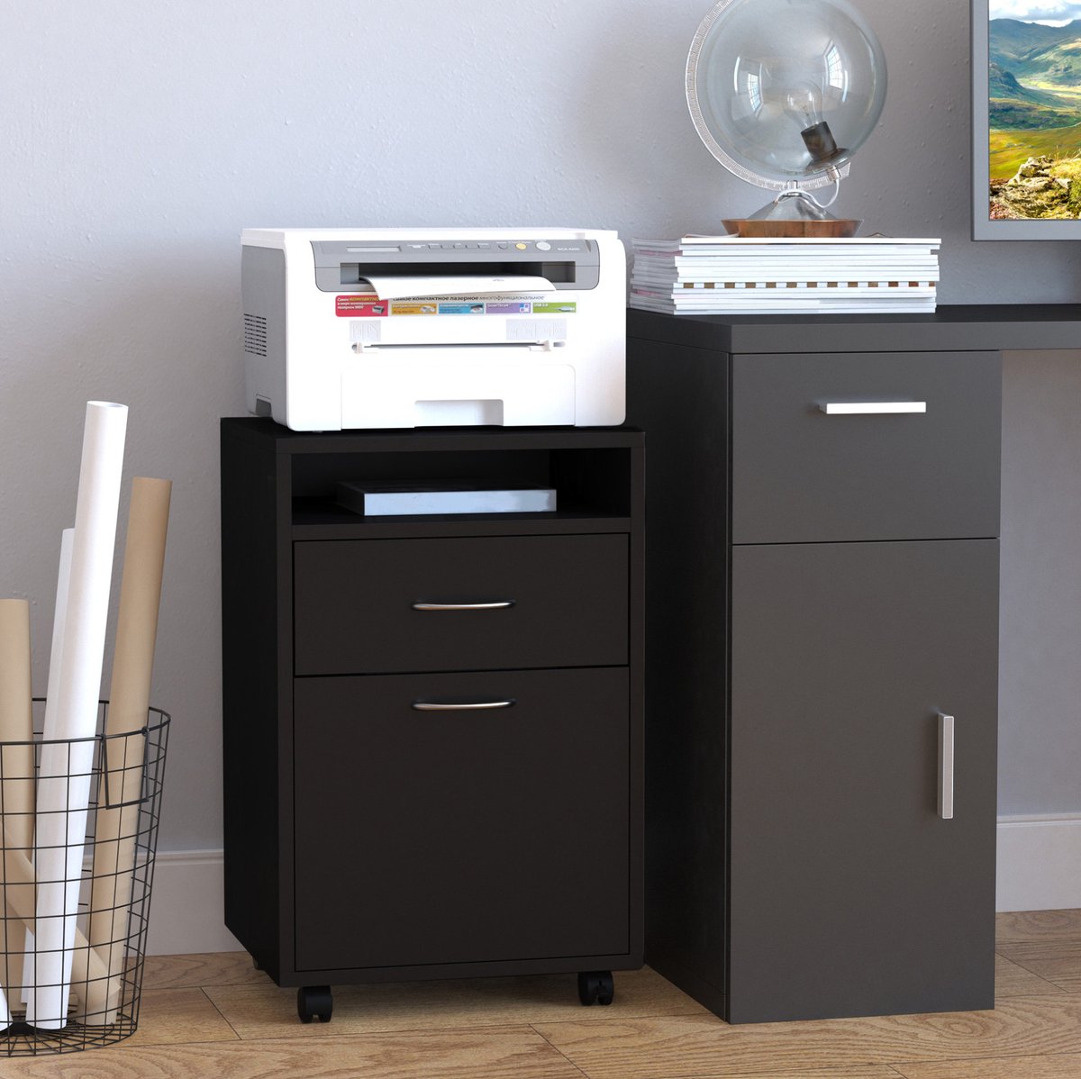 COVREO Archiefkast 40x35x60 cm zwart, van hout met lade en wielen