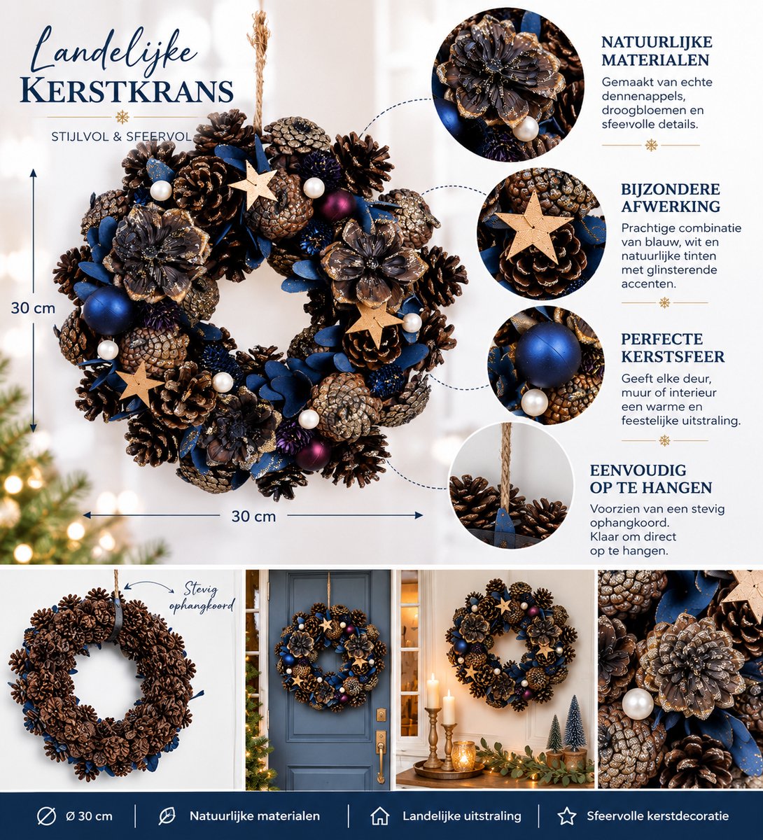 Landelijke Kerstkrans Ø 30 cm – Blauwe Deurkrans met Gouden Accenten en Dennenappels – Ronde Kerstdecoratie voor Binnen en Buiten – Blauw en Goud – foto 2