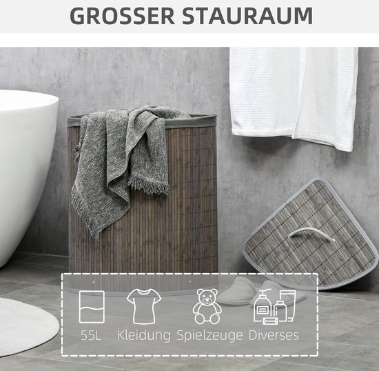COVREO Wasmand 38x38x57 cm grijs, bamboe met deksel en uitneembare zak — afbeelding 4