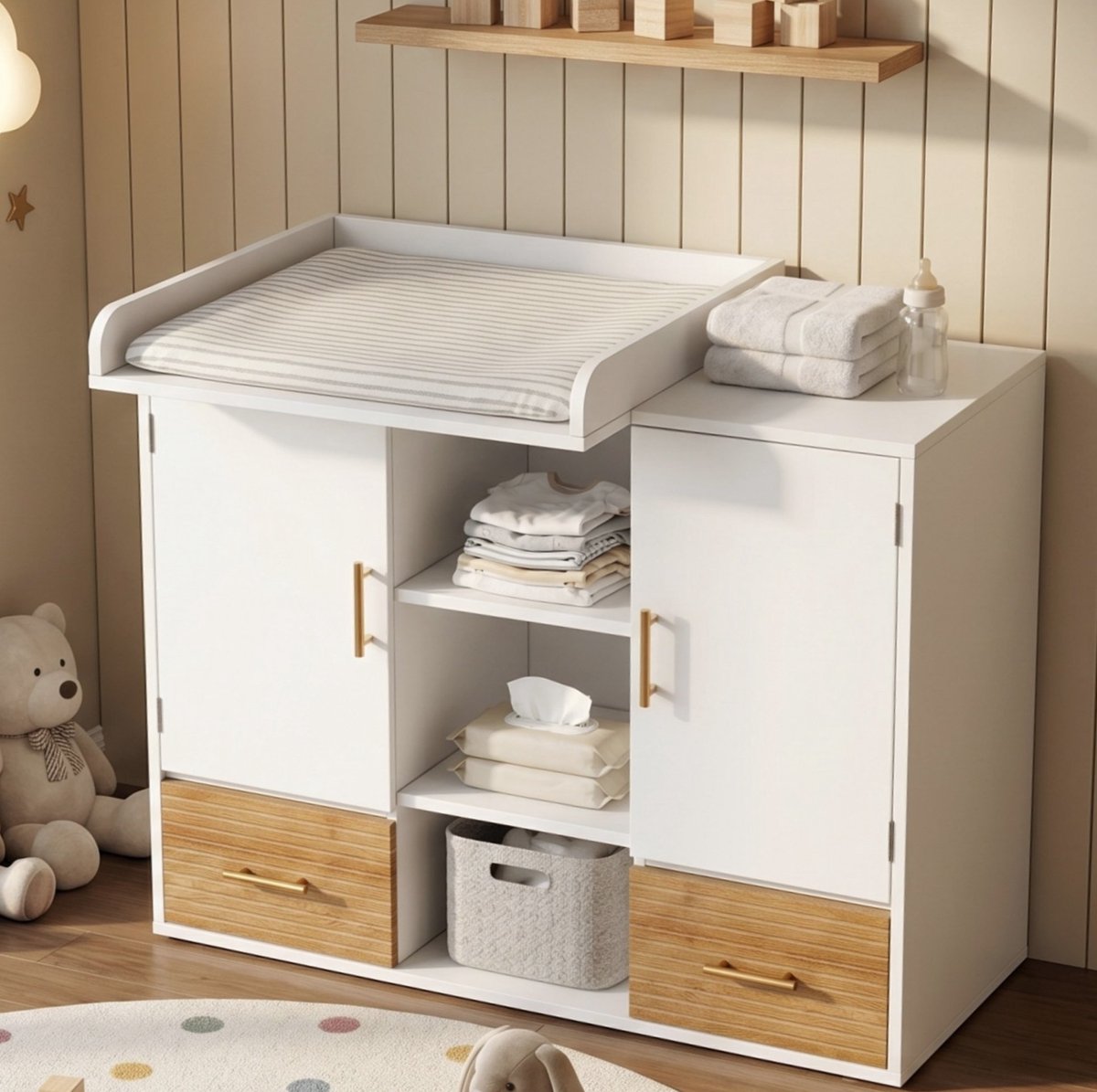 COVREO Wickelkommode 114 x 53 x 92 cm wit naturel, MDF met 2 lades naturel en wit