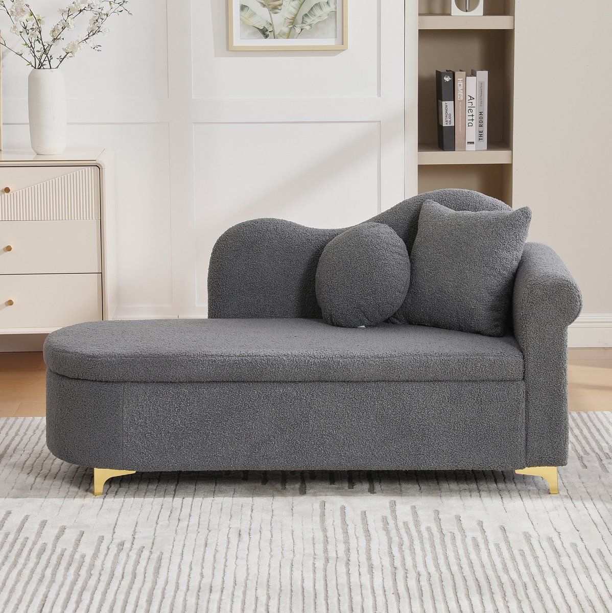 COVREO Chaise longue 134 cm, Antique Gray, stof en metaal, met opbergruimte Antiek grijs
