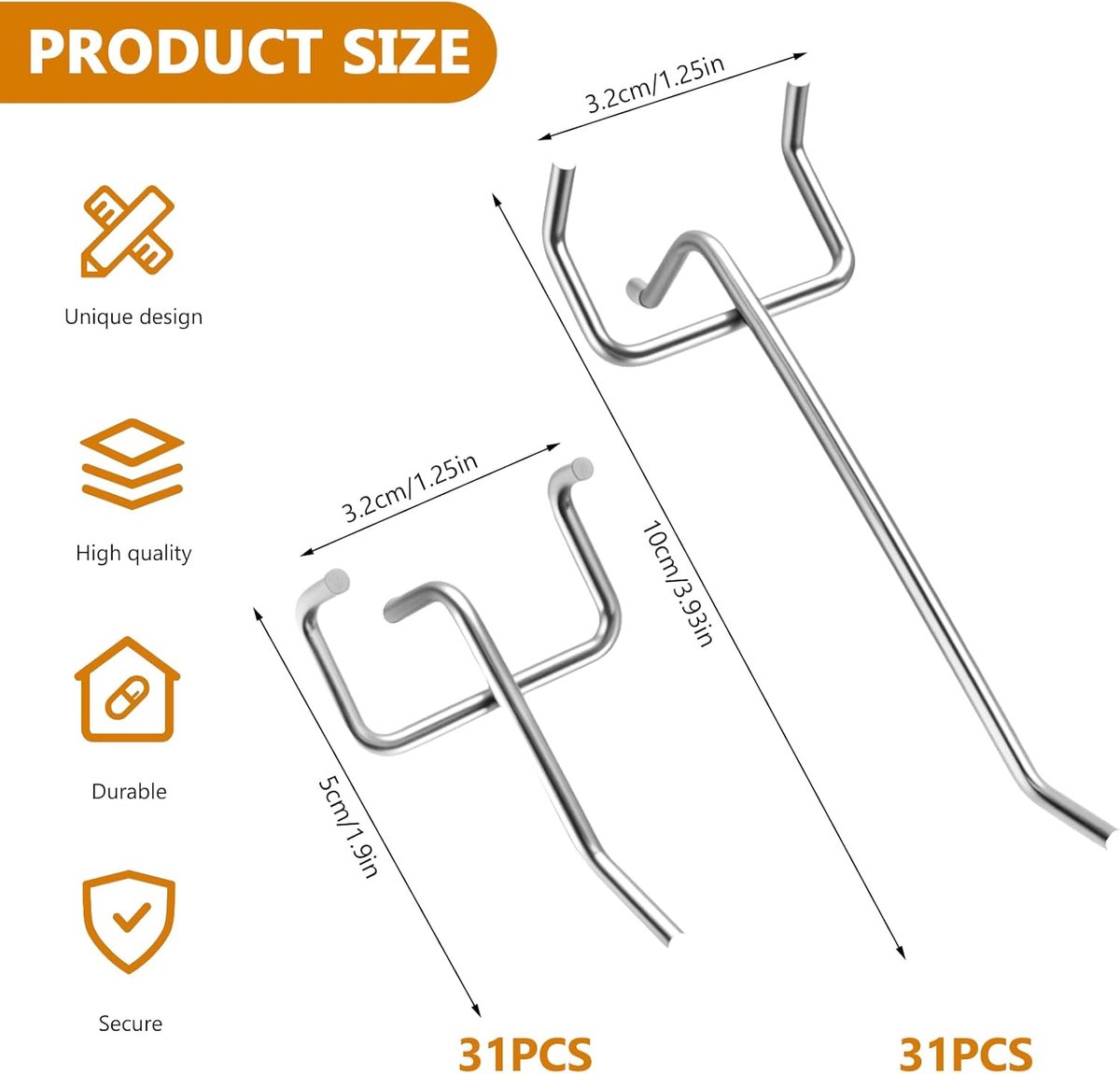 SnelShoppen - 62-delige Pegboard Haakset 5cm en 10cm Dubbele Haken voor Garage, Werkplaats, Keuken en Winkelpresentatie - RVS, Duurzaam en Stevig