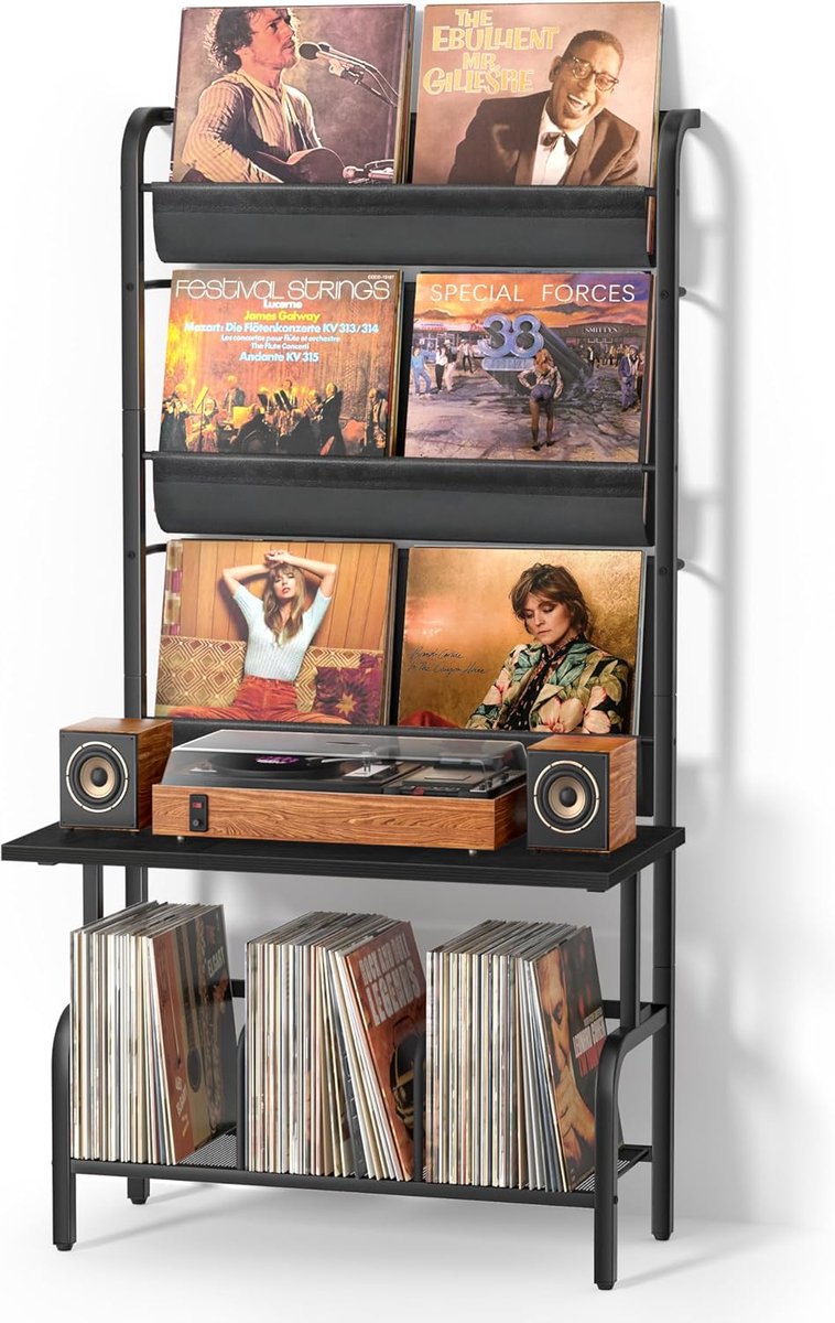 SnelShoppen - Vinyl Record Cabinet met Recordhouder - Turntable Meubel met Opslagrekken voor Platen, Groter Zwart, Ideaal voor Thuis, Muziekliefhebber