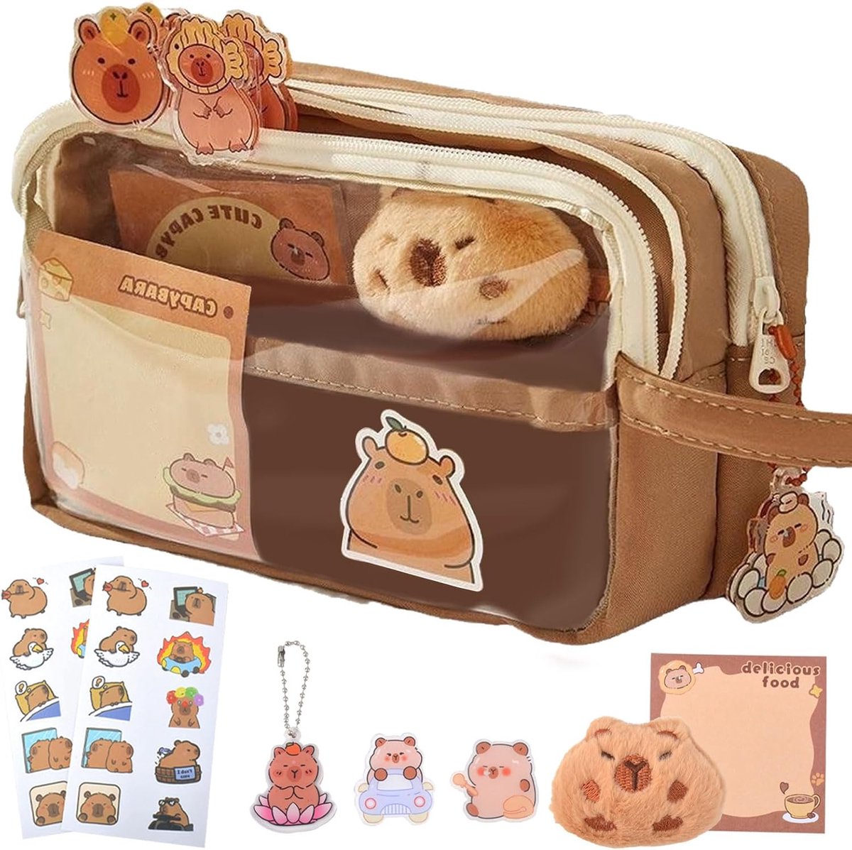 SnelShoppen - Transparante Grote Pennenetui, Bruin, Multifunctionele Etui voor Potloden en Toilettas, Ergonomisch Ontwerp, Eén Maat, Schattig