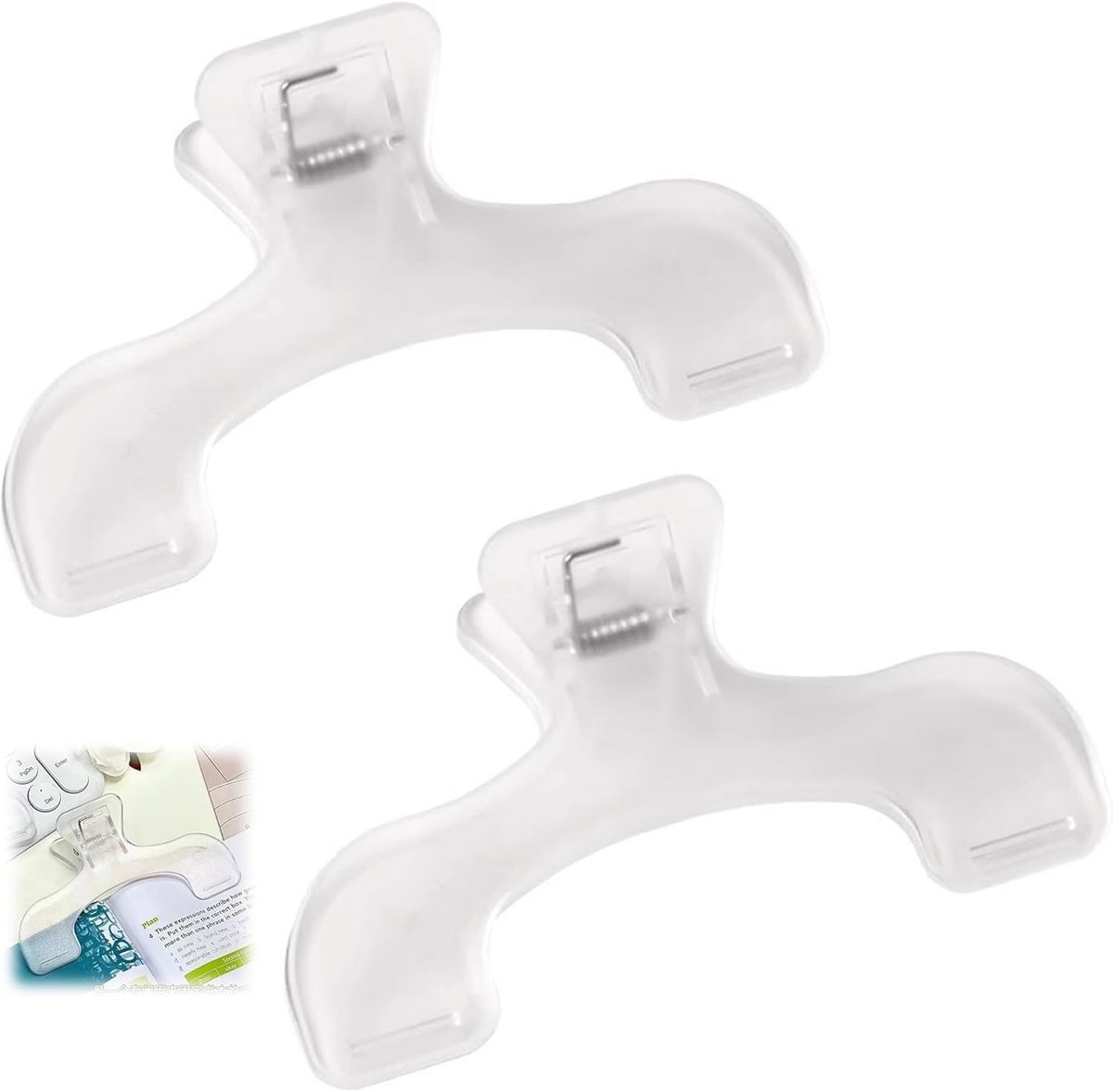 SnelShoppen - Pack van 2 Transparante Boekpagina Clips - Boek Zijhouders Transparant en Draagbaar voor Werk, Thuis, School - Robuust Plastic met Satij