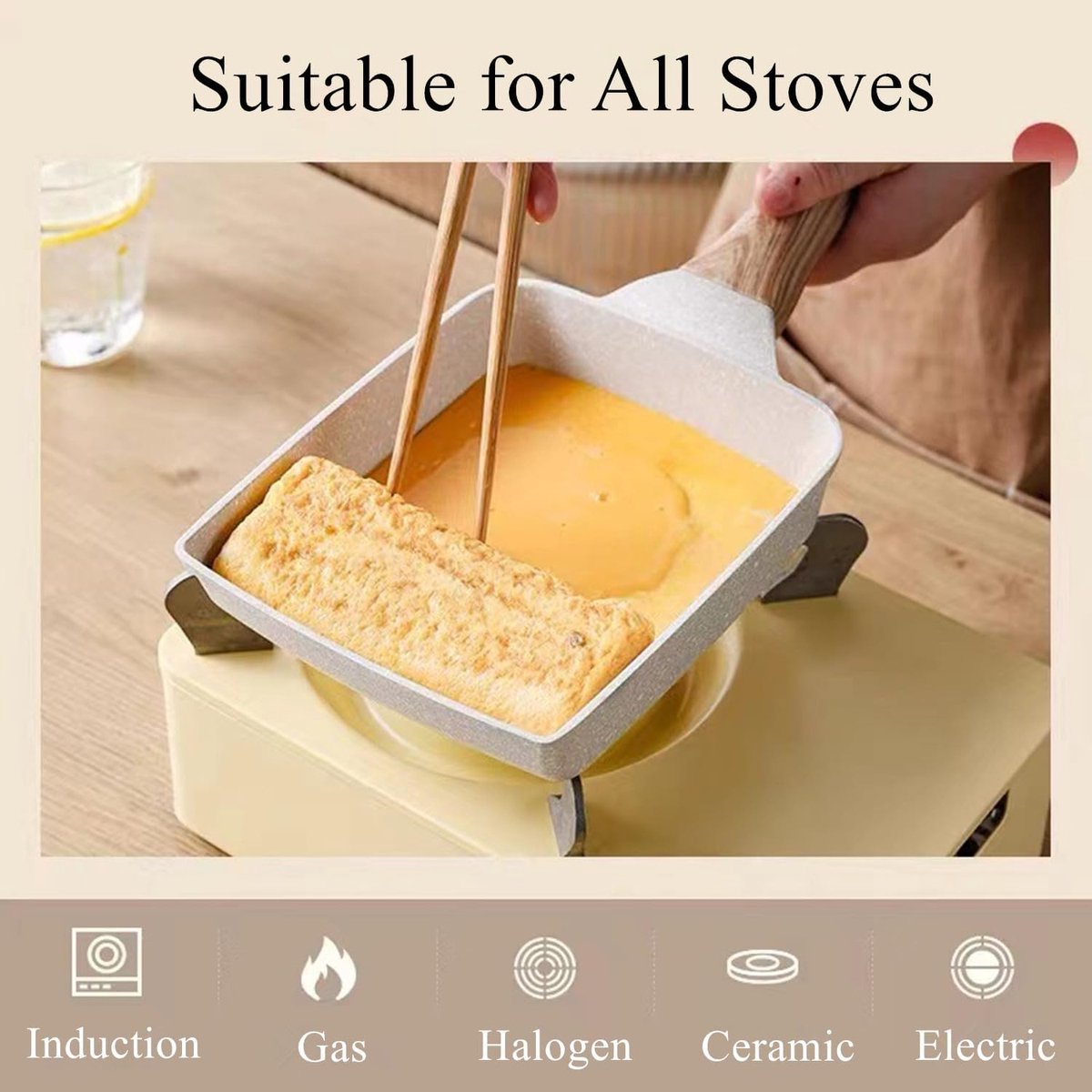 Tamagoyaki Pan Rectangular Japanese Omelette Pan with Wooden Handle, Non-Stick Pan, Dishwasher Safe, Suitable for All - ShopVlot