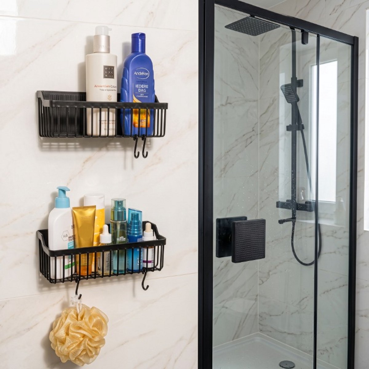 INDECOR 2-delige Doucheplank Zonder Boren – Zelfklevende Badkamer Organizer – Douche Rek met 4 Haken – Grote Capaciteit – ABS Kunststof – Zwart