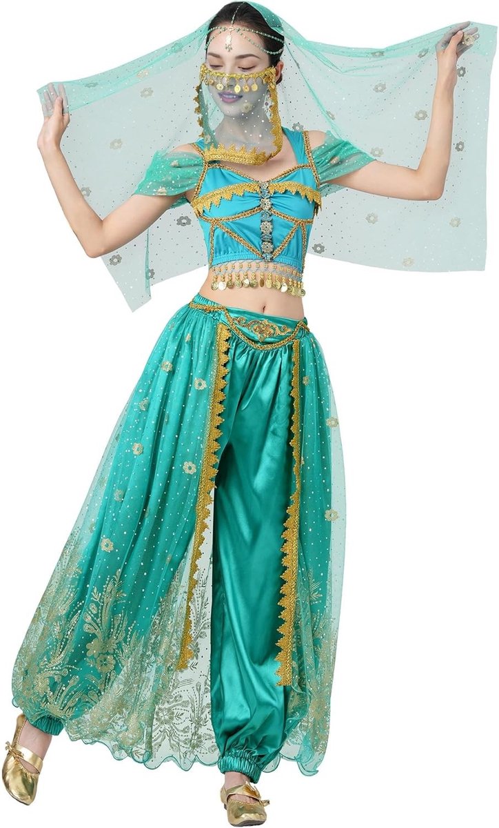 Aladdin Kostuum voor Arabische Buikdans, Jasmine Prinses Outfit met Pailletten voor Halloween en Carnaval - Maat XL