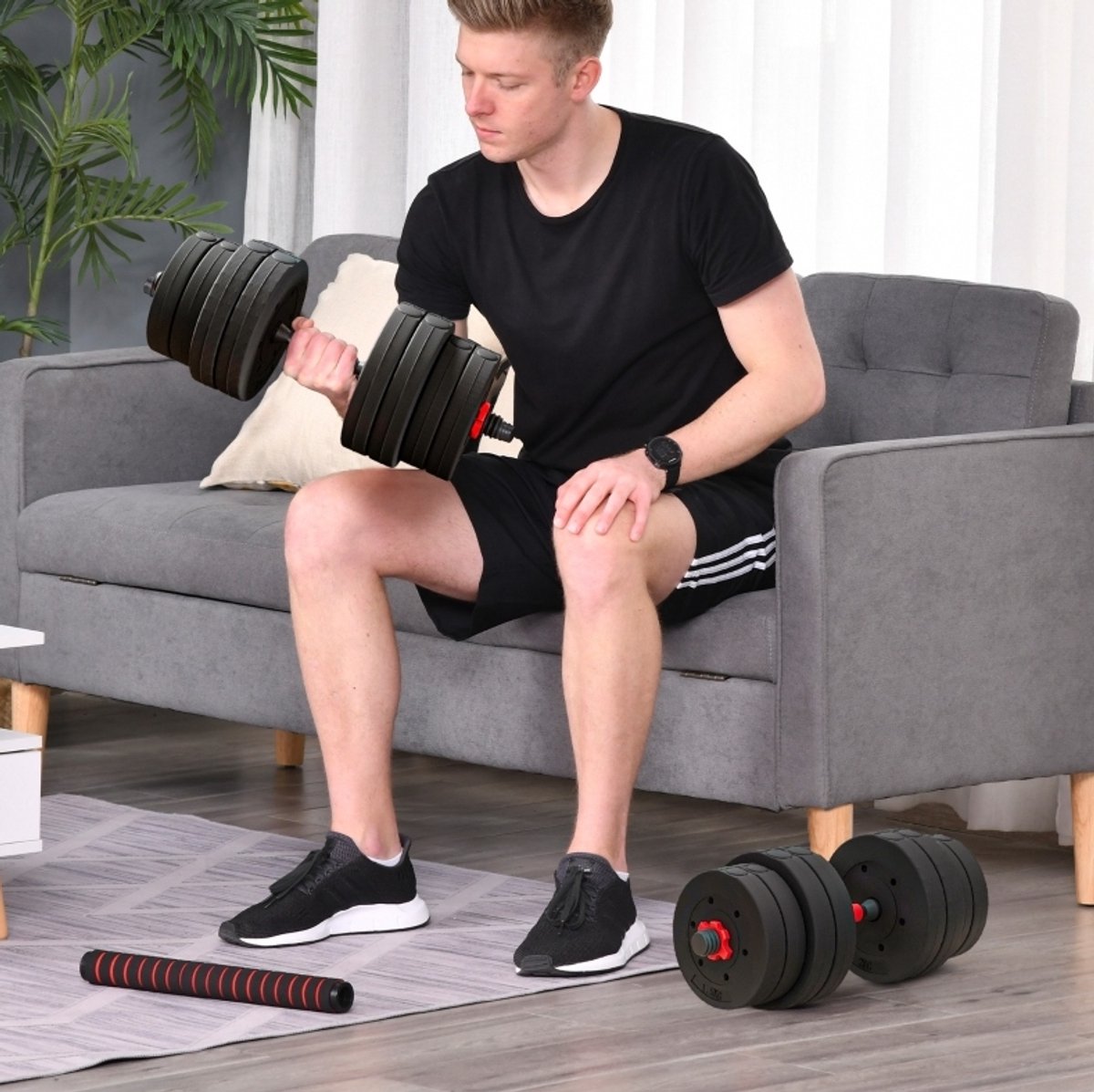 REDOM - Halterset - 2-in-1 verstelbaar ontwerp - Te gebruiken als dumbbell en langhantel - Antislip metalen greep - Krachttraining - Kunststof - Zwart - 50 cm