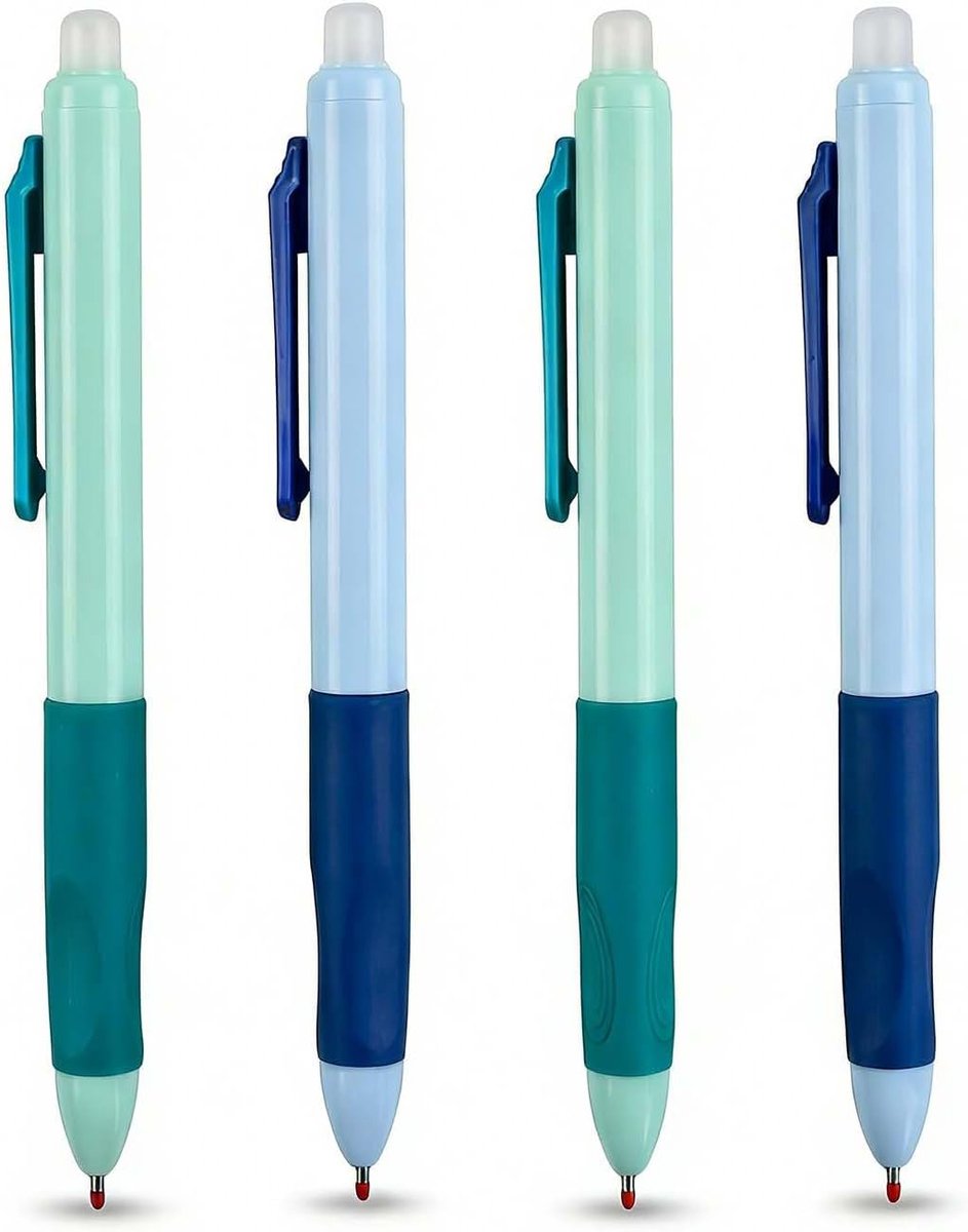 SnelShoppen - Uitwisbare balpen 4 stuks, 0,5 mm blauwe inkt, intrekbare pen met gum, perfecte grip voor school, kantoor, notities en puzzels