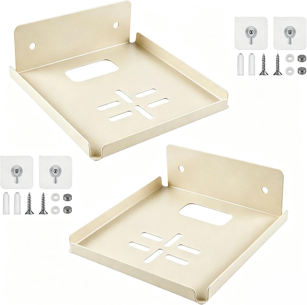 2 pieces floating wall shelf, cream, 12 x 12 cm - Mini wall mount with cable entry for camera, living room, bedroom - ShopVlot