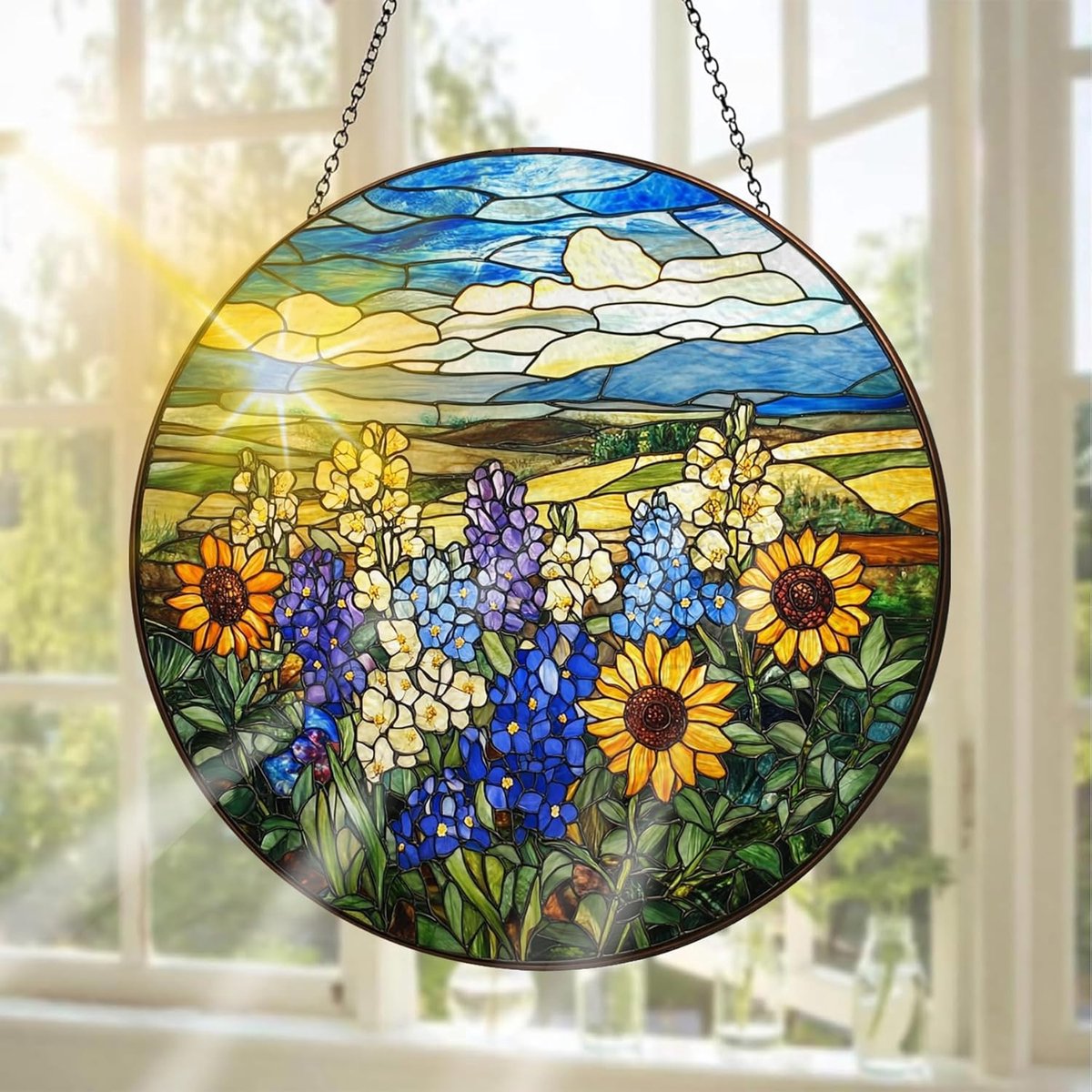 SnelShoppen - Handgemaakte Glas-in-Lood Raamdecoratie 20x20 cm - Kleurrijke Vensterdecoratie voor Tuin, Binnen en Buiten, Kerstfeest, Bloemen Thema