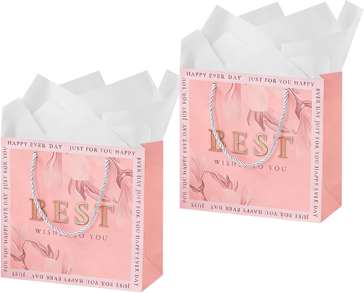 SnelShoppen - Roze Geschenktas voor Moederdag, 2 Stuks, 20 x 20 x 8 cm, Inclusief Zijdepapier, Perfect voor Cadeaus voor Mama, Vrouw of Vriendin