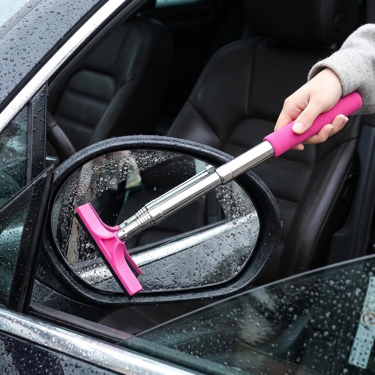 SnelShoppen - Telescopische Autospiegelreiniger met 5A Natuurlijk Rubber, Verstelbaar van 21,2-98 cm, Zwart en Roze, Voor Personenauto's, SUV's en Vra