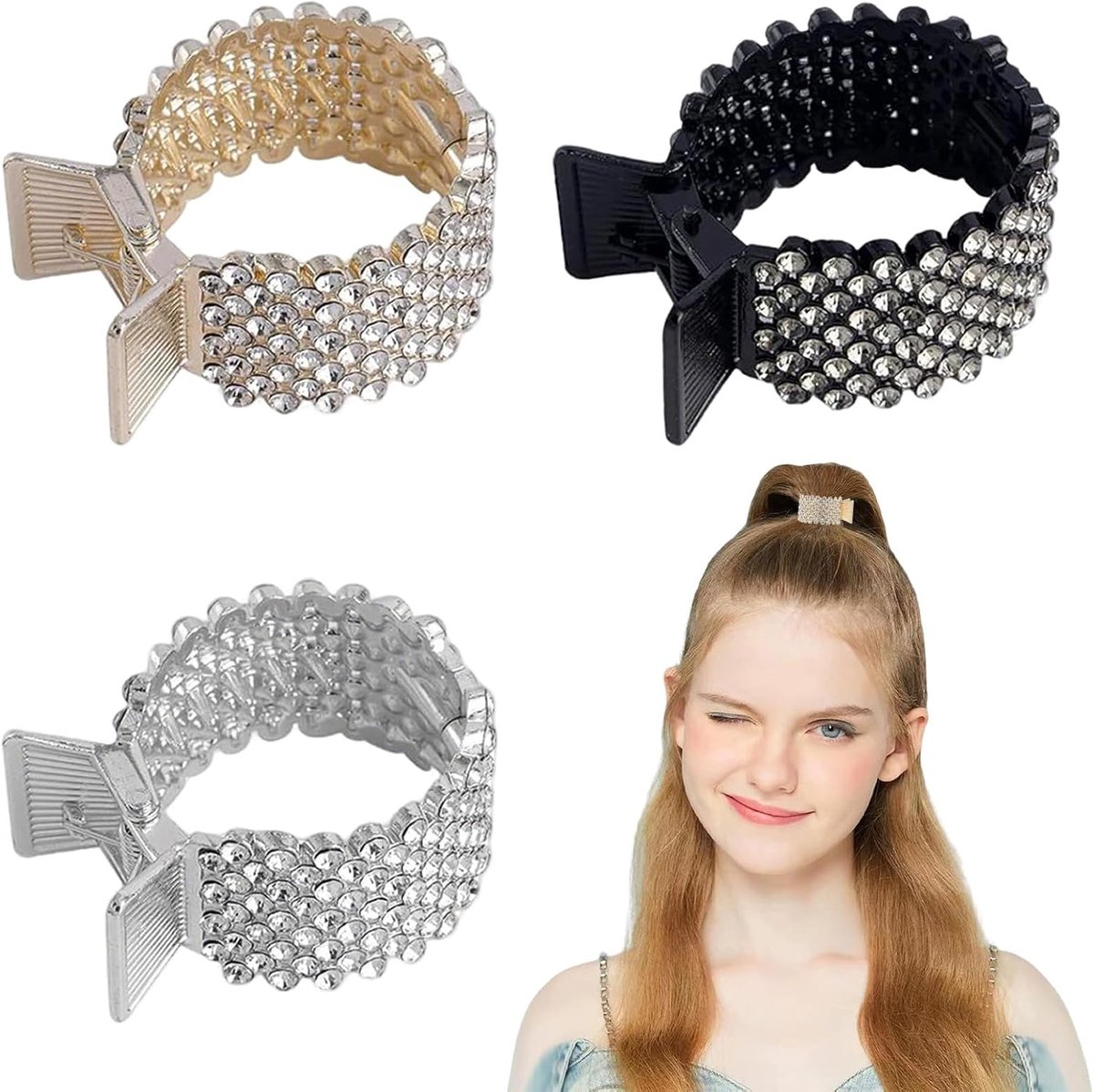 SnelShoppen - High Horse Tail Klips 3 Stuks Haarspelden met Strass en Hangertje, Zwarte, Blonde en Witte Metalen Haarspeld, Geschikt voor Dikk en Dun