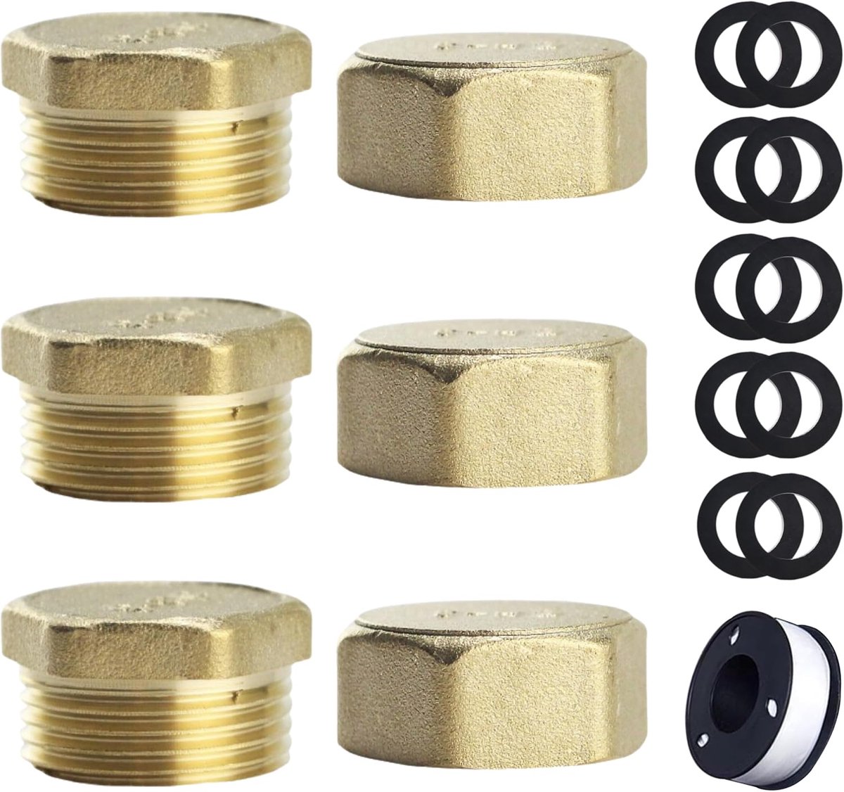 SnelShoppen - 6 Stuks Plug Waterpijp, 3/4 Inch Binnen- en Buitendraad Blinde Kappen Messing Afsluitdop met 10 Stuks Afdichtringen voor Tuinslang Water