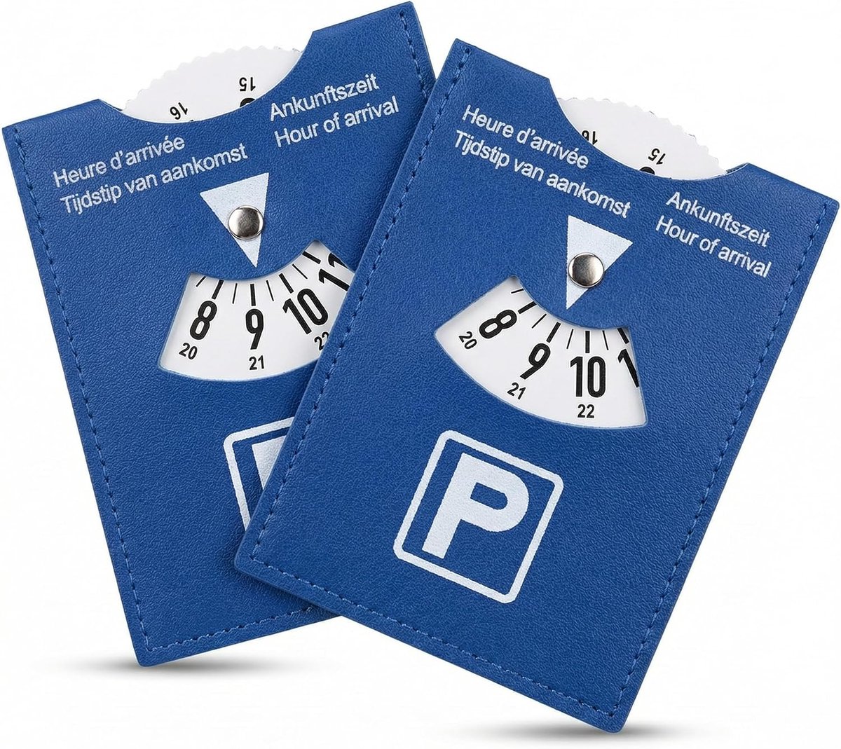 SnelShoppen - Set van 2 PU Faux Leren Parkeerschijf Blauw Maxi Parkeerschijven 11 x 15 cm voor Blauwe Zone Parkeren, Europese Standaard Parkeerklok me