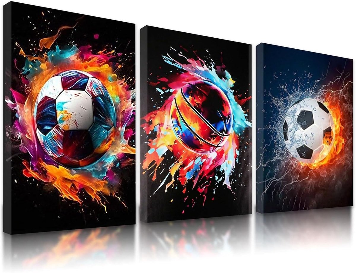 SnelShoppen - 3 Stuks Wandposters Voor Tienerkamer - Decoratieve Voetbal & Basketbal Posters - Artistieke Folie - Neon Kleuren - 40 x 30 cm - Klaar Om