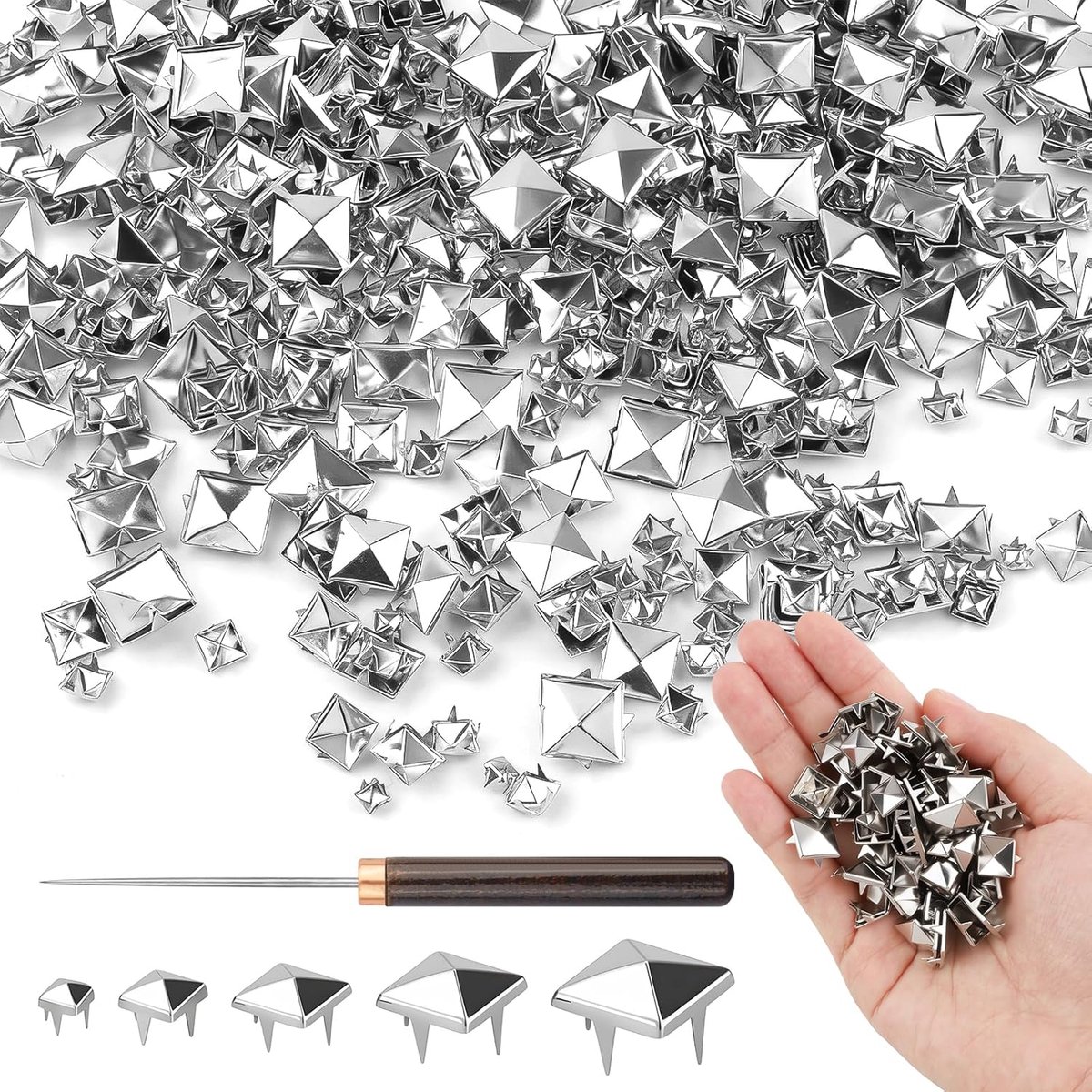 300 Pieces Square Pyramid Rivets for Clothing and Leatherwork, Various Sizes (4/6/8/10/12 mm), Silver Rivets and - ShopVlot