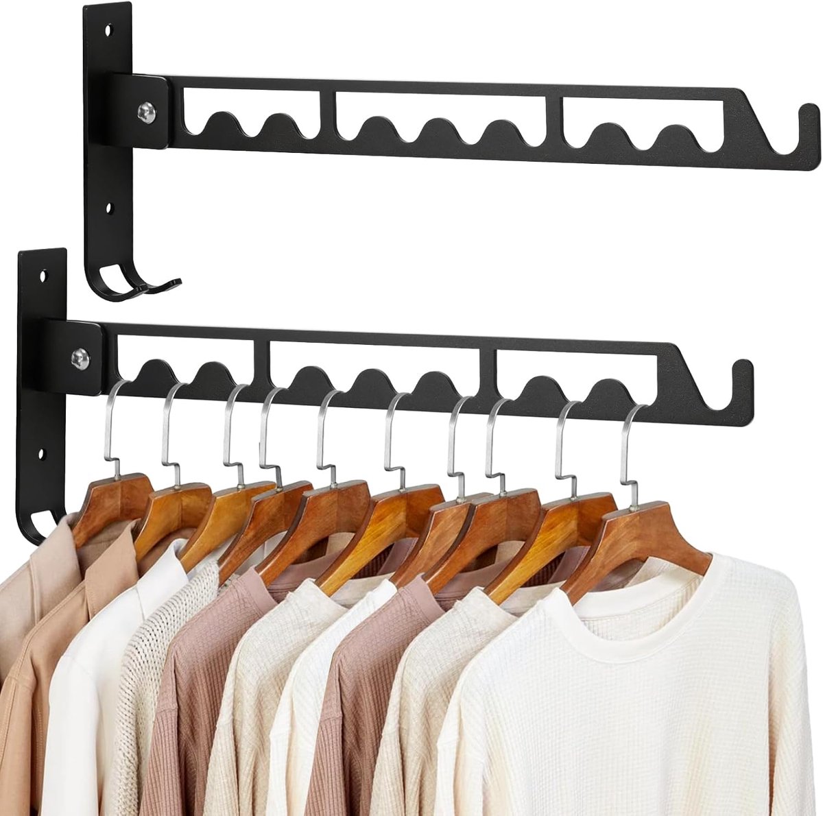 SnelShoppen - Set van 2 Inklapbare Wandmontage Kledinghaken 32 cm - Ruimtebesparend Roestvrij Staal - Extra Onderhaken - Zwart voor Badkamer, Hal of S