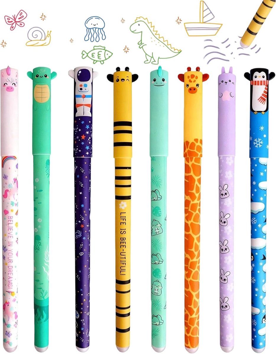 SnelShoppen - 8 Stuks Uitwisbare Gelpennen 0,5 mm met Cartoon-Diermotieven voor Notities, Huiswerk en Schetsen, Perfect voor Scholieren en Kantoor