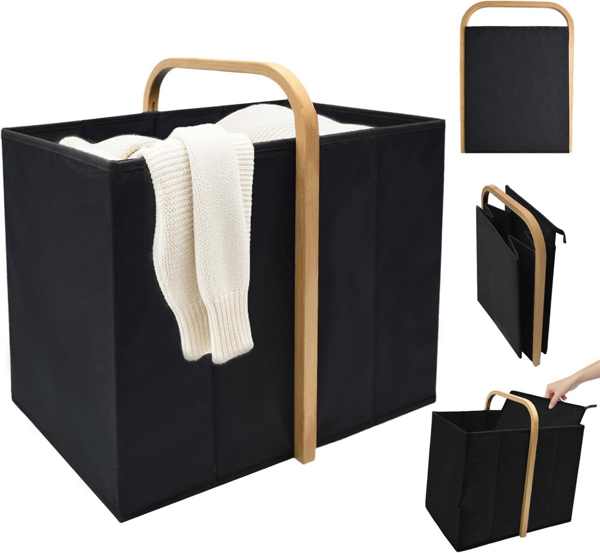 SnelShoppen - Vouwbare Wasmand met Handvatten, Stof en Bamboe, 42 Liter, Wasmand voor Slaapkamer, Badkamer, Grijs en Zwart