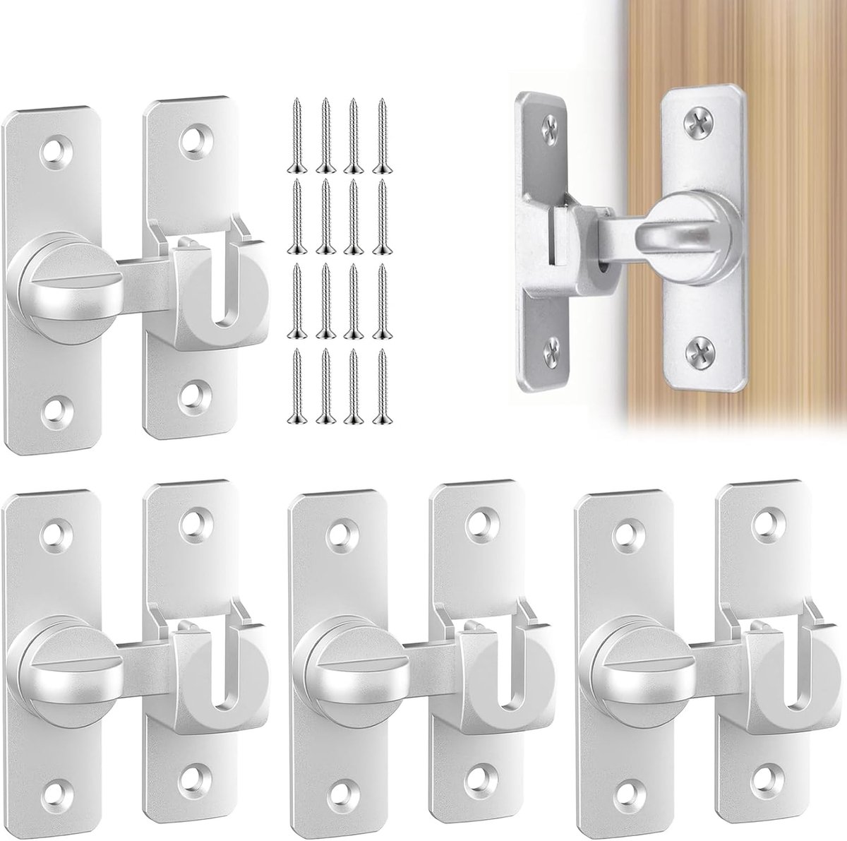 SnelShoppen - 4 Paar Schuifdeursloten, 90°/180° Sluitgrendel, Aluminiumlegering, Extra Slot voor Huisdeur, Inclusief 16 Schroeven, Zilver, Voor Deuren