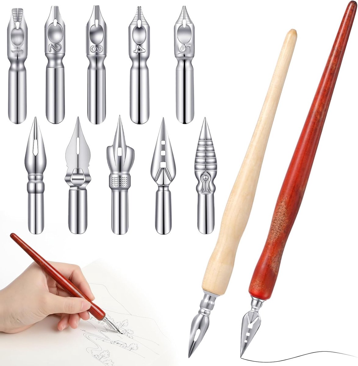 SnelShoppen - Set van 2 Kalligrafie Pennenhouders met 10 Kalligrafiepennen - Houten Standaards voor Nauwkeurig Schrijven en Tekenen - Perfect voor Kun