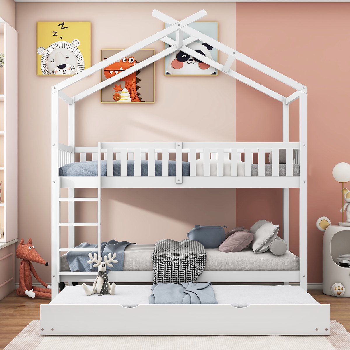 Huisbed 90x200 cm - Kinderbed Met 3 Slaapplaatsen Uitschuifbed Wit